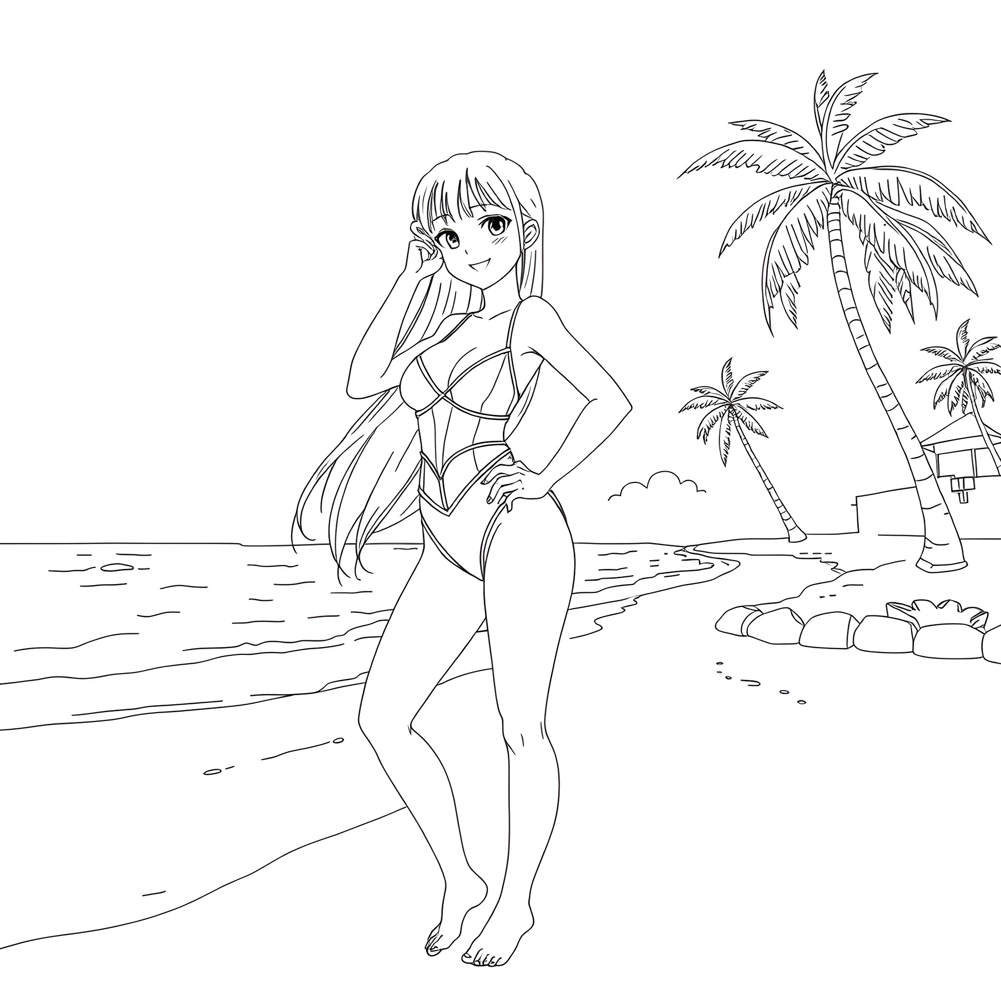 Mitsuri enjoying the tropical beach scene Coloring Page (free black-and-white line drawing printable PDF for all, from beginners to advanced learners, including children, teens, adults, and seniors)
