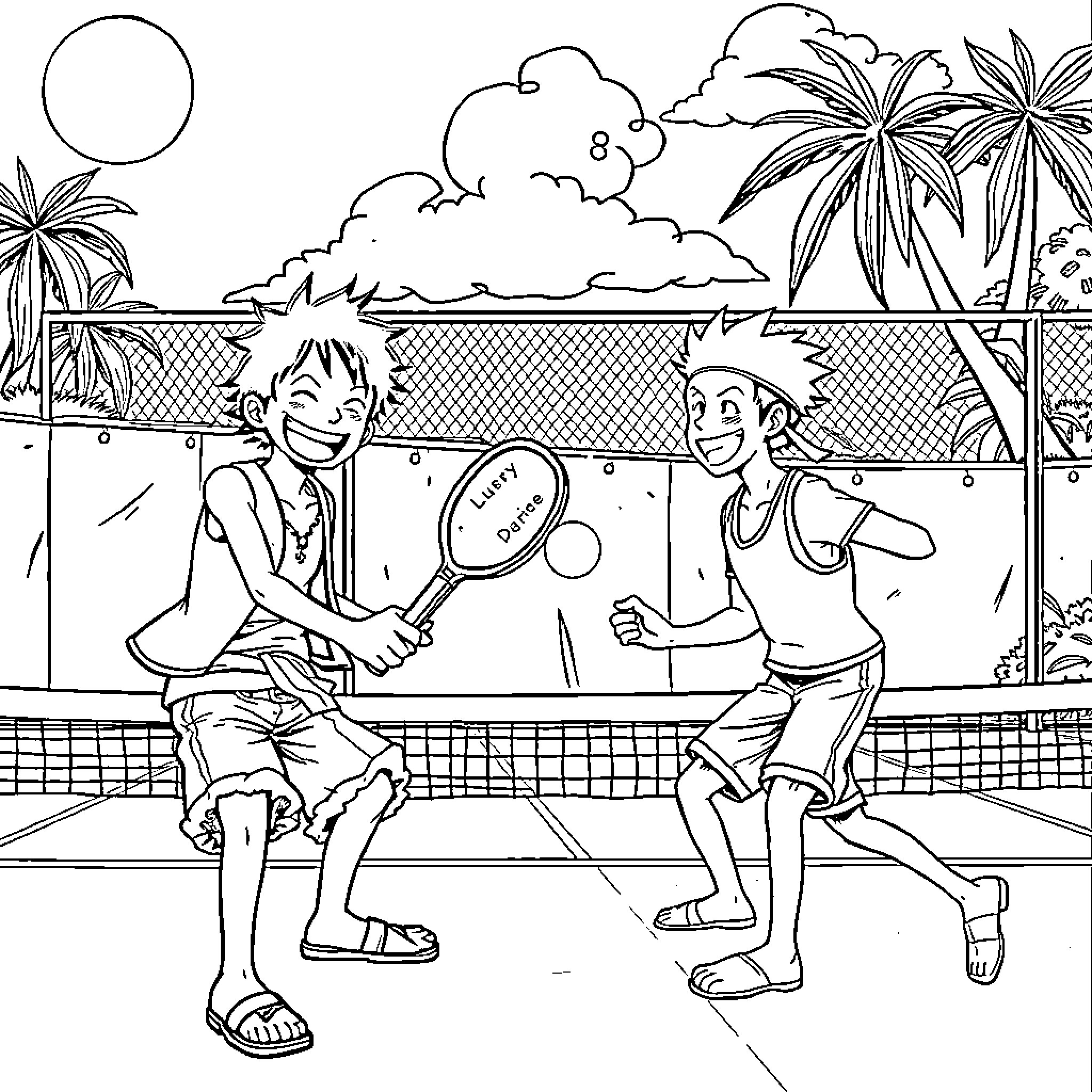 Luffy enjoying a friendly tennis match with a companion Coloring Page (free black-and-white line drawing printable PDF for all, from beginners to advanced learners, including children, teens, adults, and seniors)