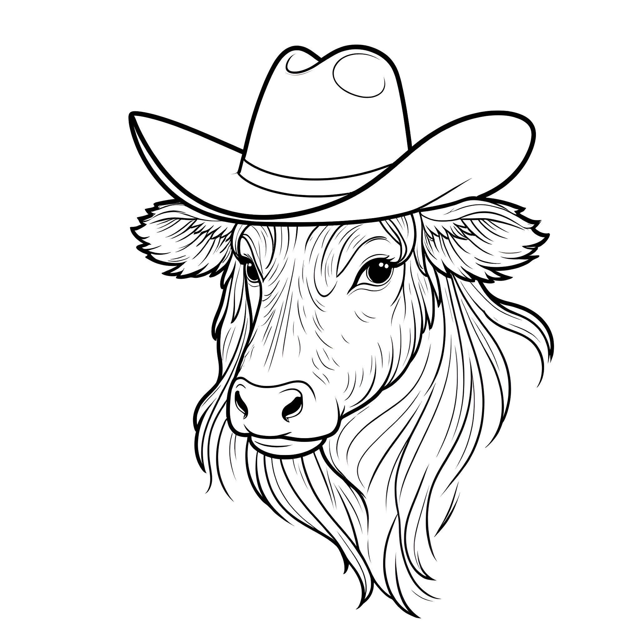 Cow wearing a cowboy hat Coloring Page (free black-and-white line drawing printable PDF for all, from beginners to advanced learners, including children, teens, adults, and seniors)