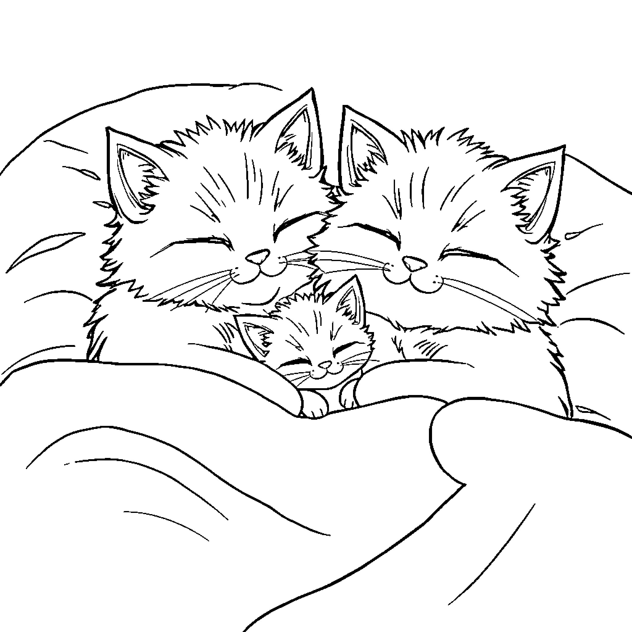 Cat family resting peacefully Coloring Page (free black-and-white line drawing printable PDF for all, from beginners to advanced learners, including children, teens, adults, and seniors)