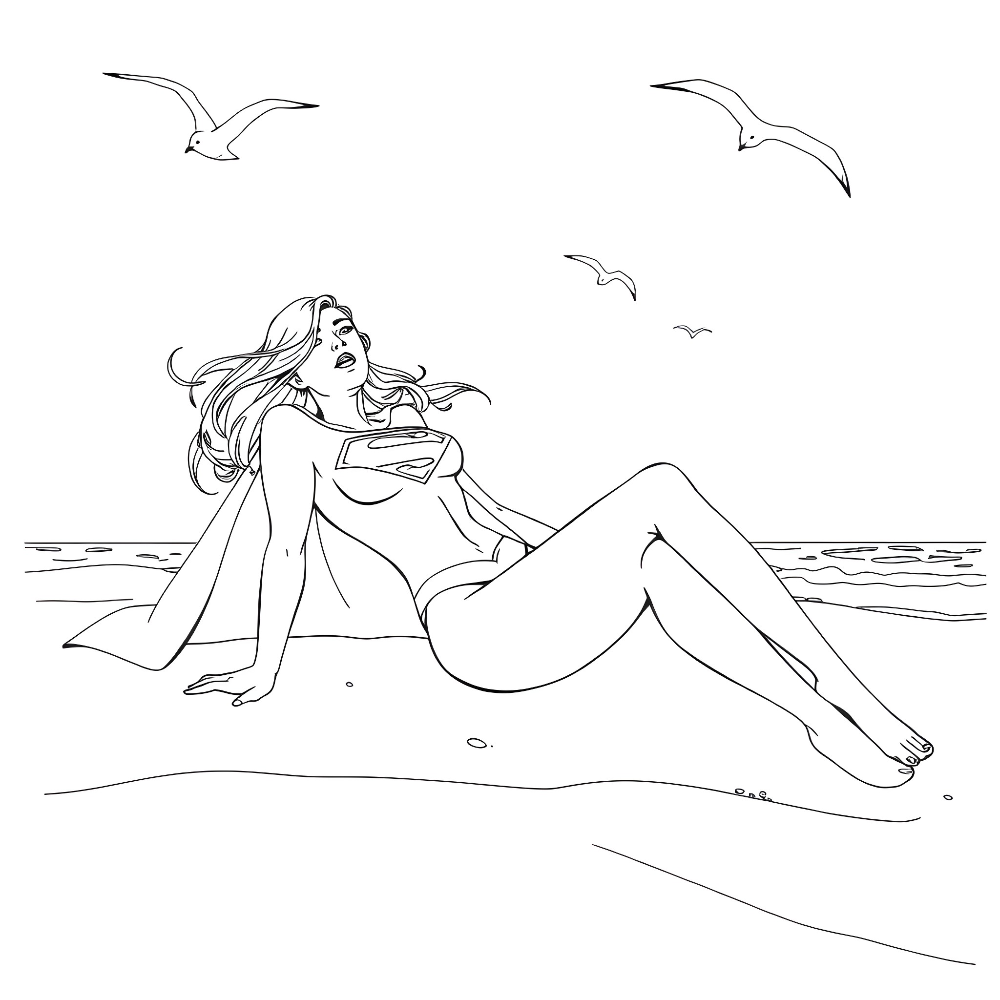 Supergirl relaxing on the beach with seagulls Coloring Page (free black-and-white line drawing printable PDF for all, from beginners to advanced learners, including children, teens, adults, and seniors)