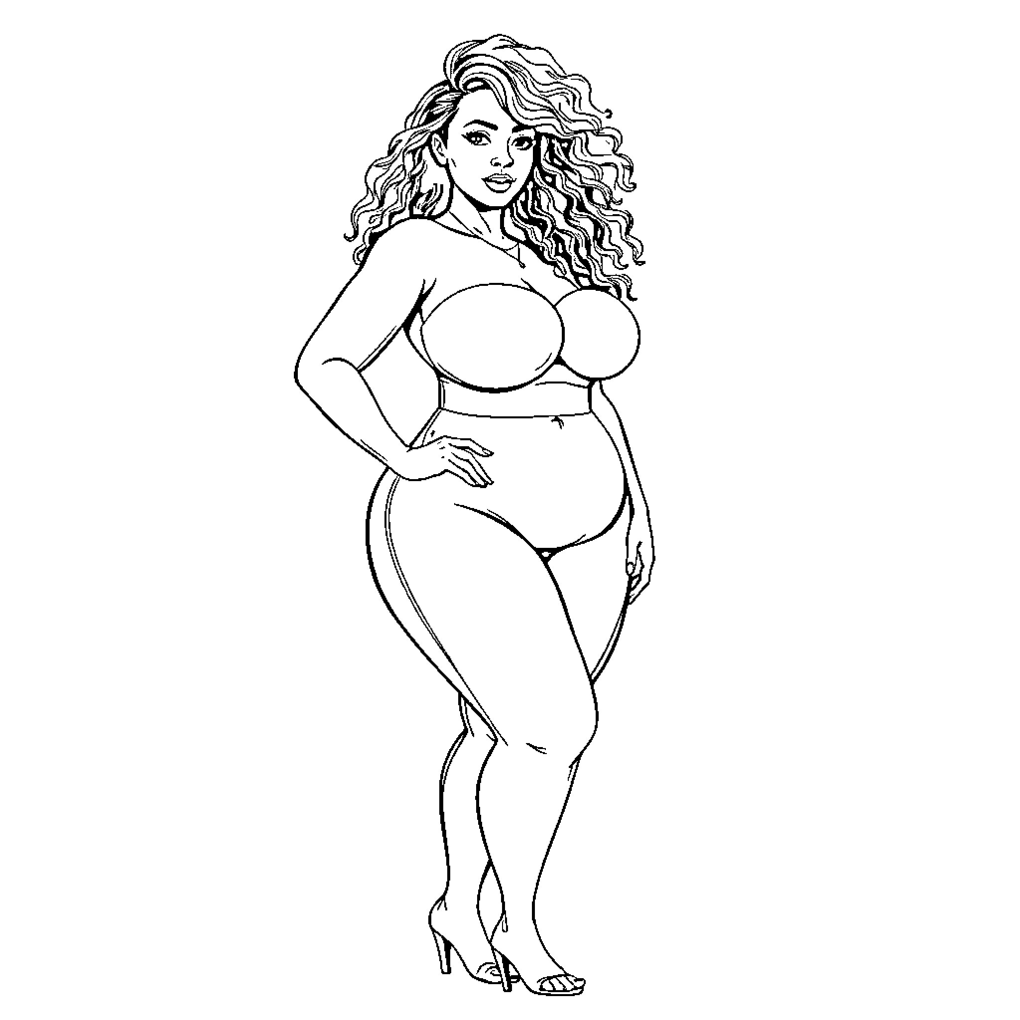 Woman in Confident Pregnancy Pose Coloring Page (free black-and-white line drawing printable PDF for all, from beginners to advanced learners, including children, teens, adults, and seniors)