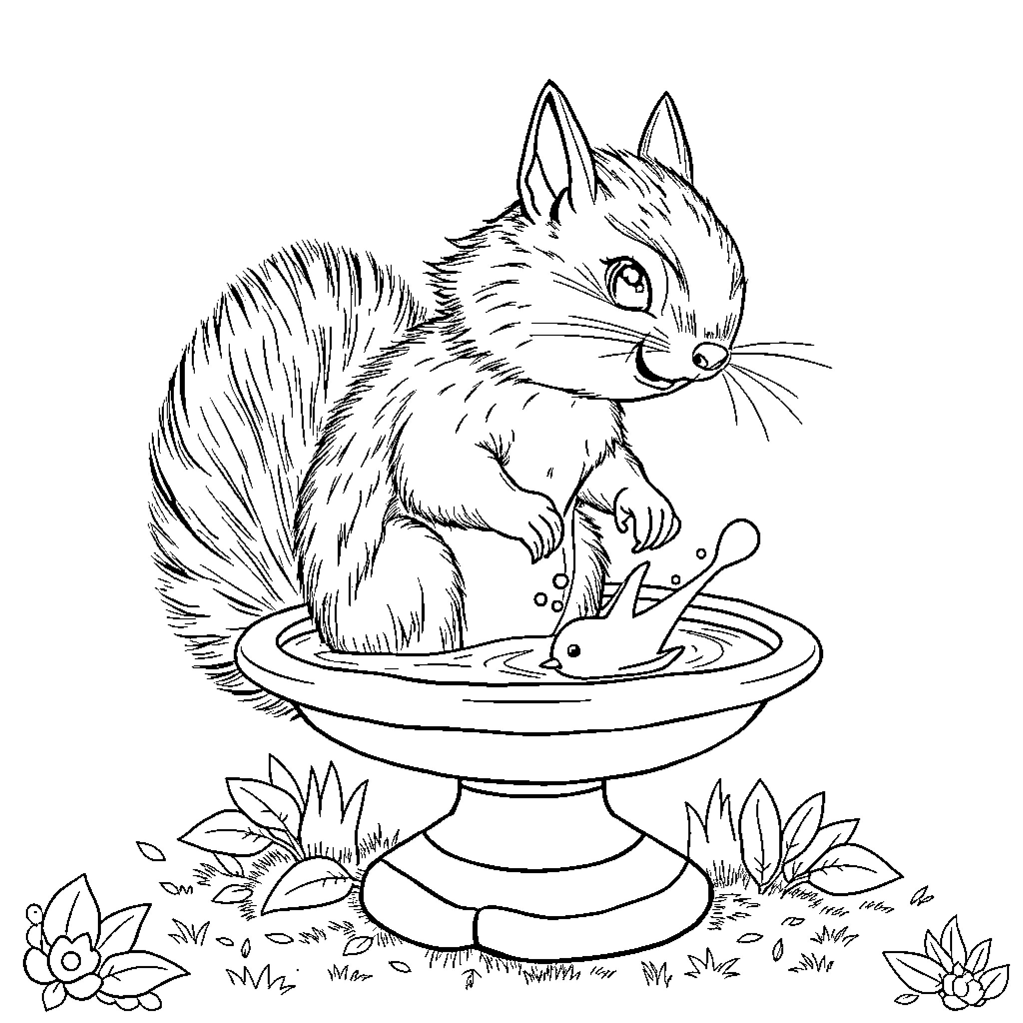 Squirrel enjoying a bird bath in nature Coloring Page (free black-and-white line drawing printable PDF for all, from beginners to advanced learners, including children, teens, adults, and seniors)