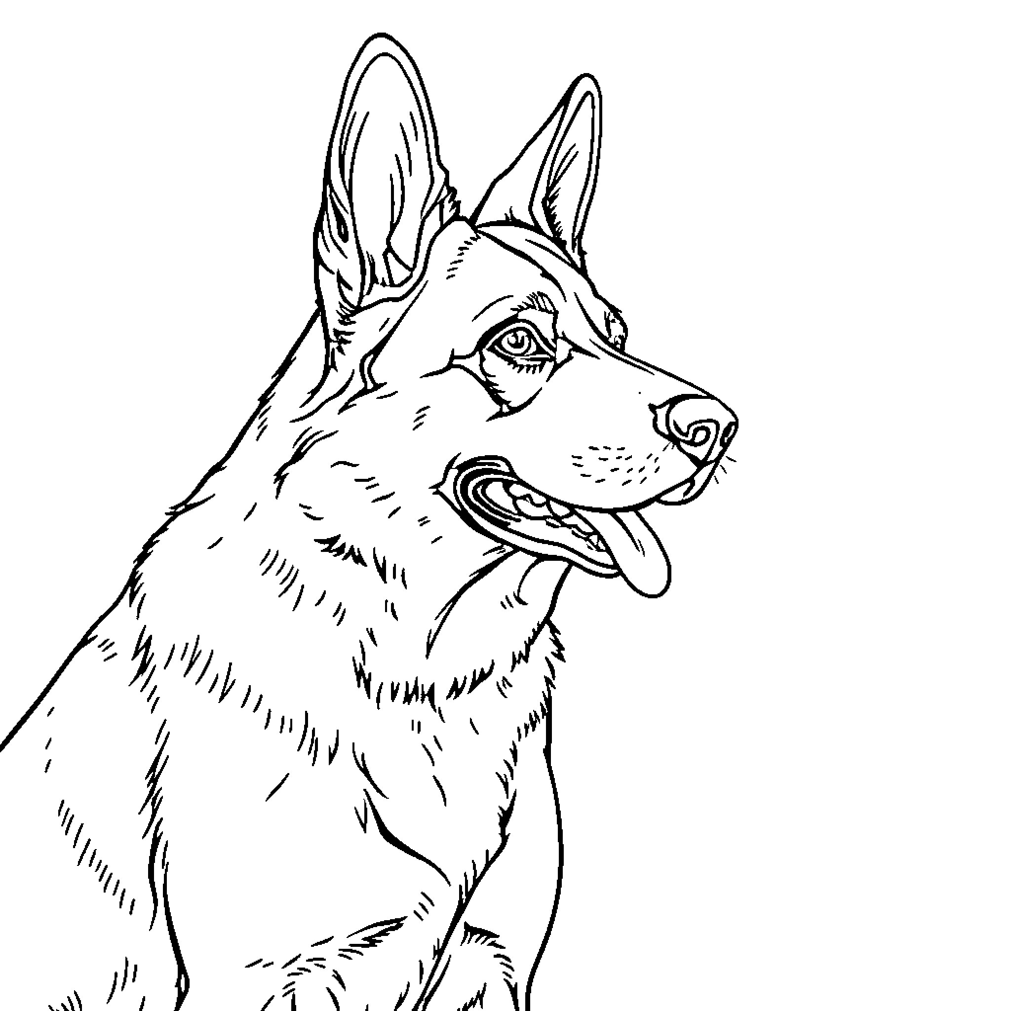 German Shepherd Attentive Gaze Coloring Page (free black-and-white line drawing printable PDF for all, from beginners to advanced learners, including children, teens, adults, and seniors)
