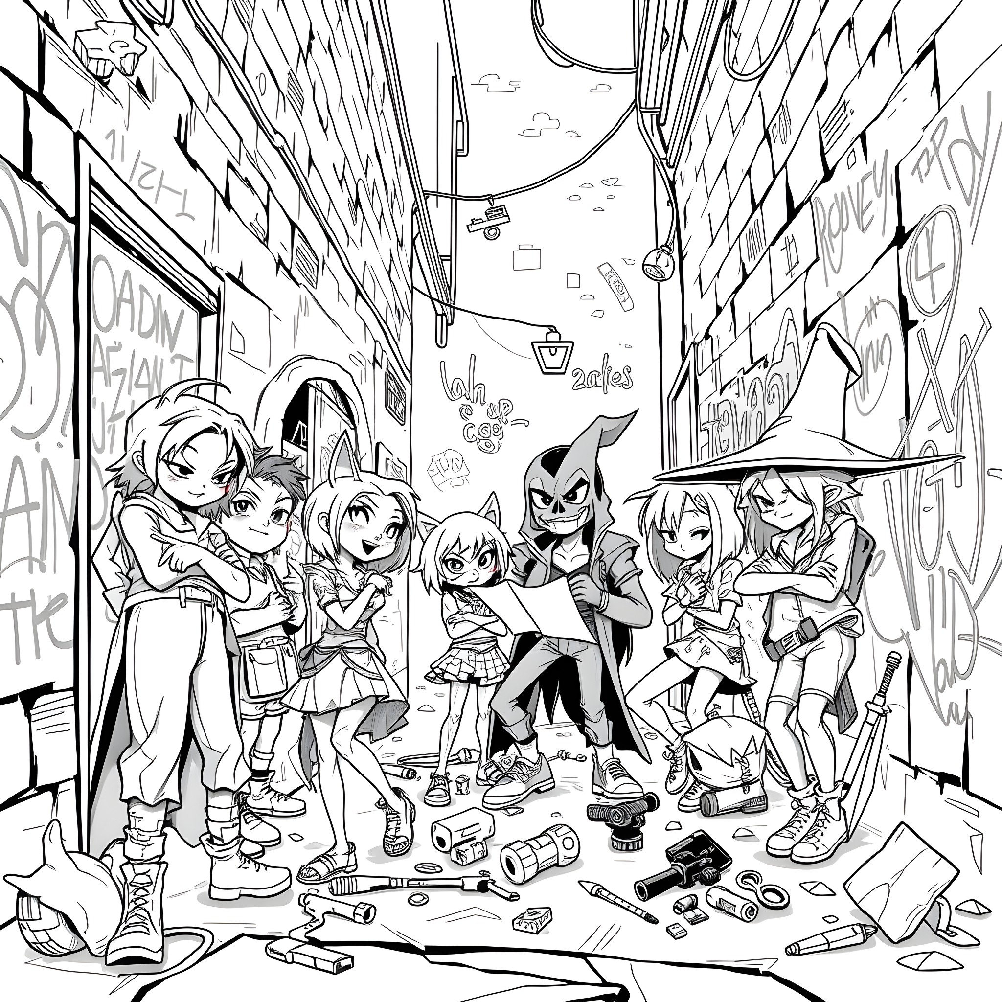 Baddie Anime Characters in Chaotic Urban Scene Coloring Page (free black-and-white line drawing printable PDF for all, from beginners to advanced learners, including children, teens, adults, and seniors)