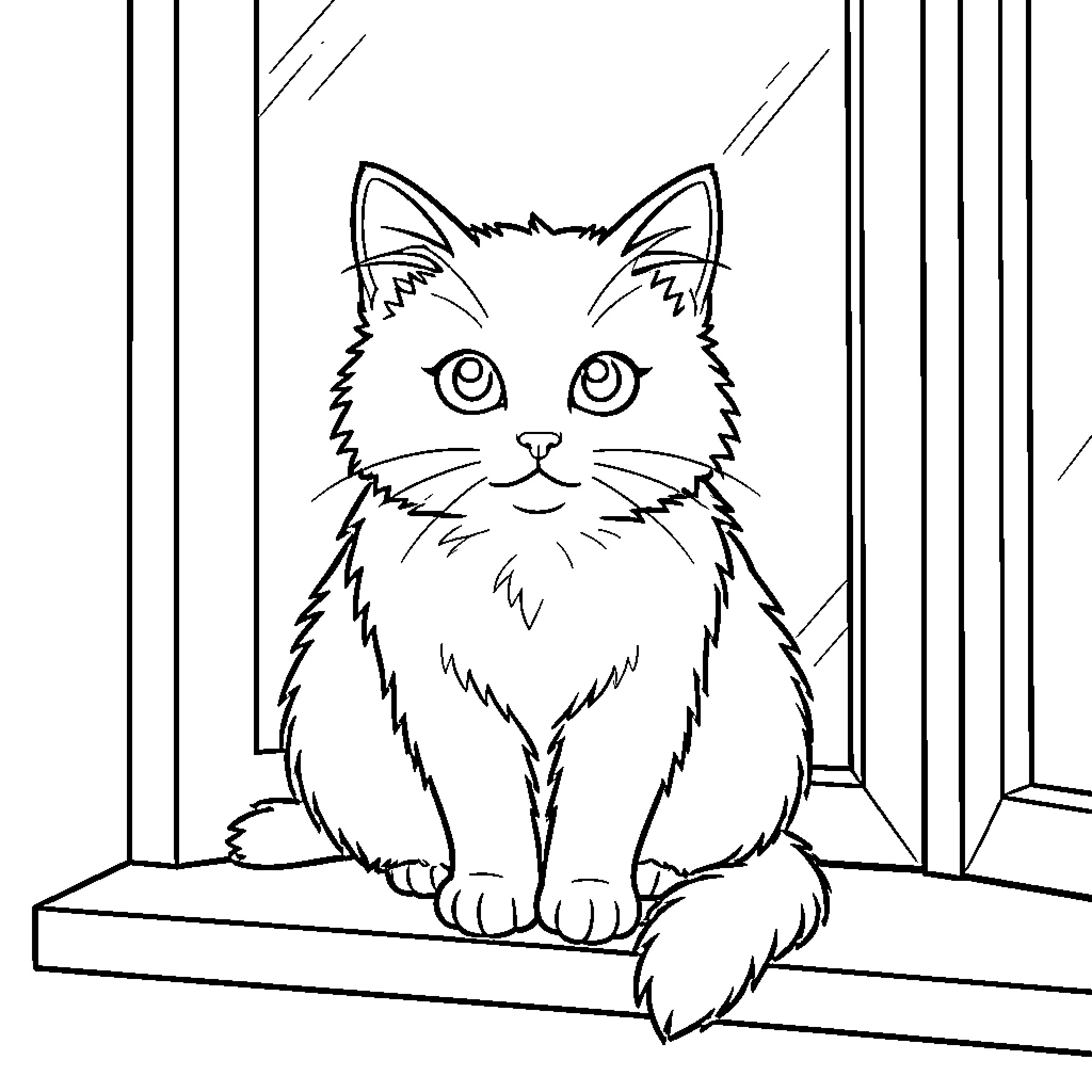 Cat sitting by a window Coloring Page (free black-and-white line drawing printable PDF for all, from beginners to advanced learners, including children, teens, adults, and seniors)