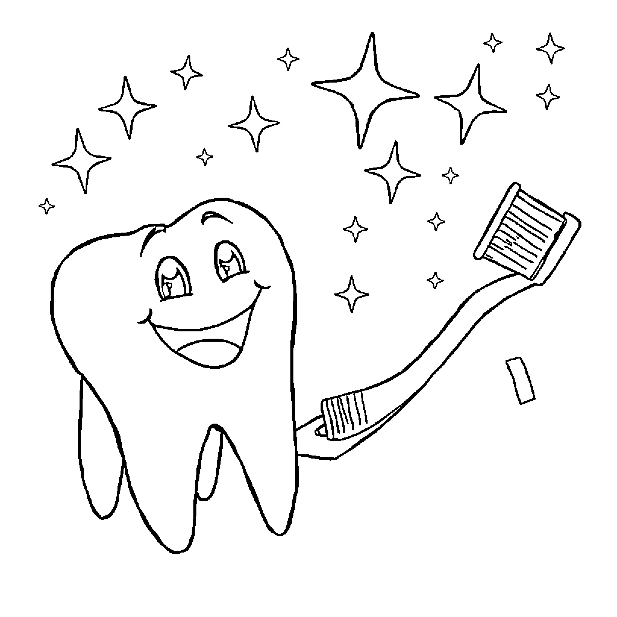 Tooth brushing with sparkly stars Coloring Page (free black-and-white line drawing printable PDF for all, from beginners to advanced learners, including children, teens, adults, and seniors)
