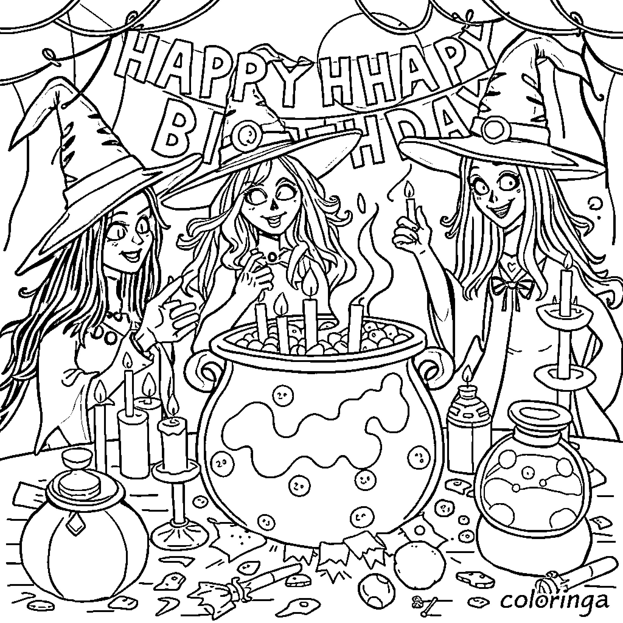 Witch's Happy Birthday Celebration Coloring Page (free black-and-white line drawing printable PDF for all, from beginners to advanced learners, including children, teens, adults, and seniors)
