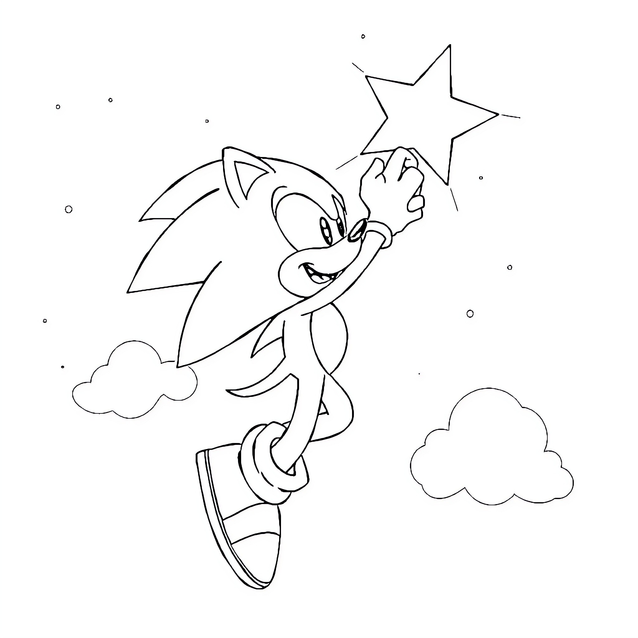 Sonic jumping excitedly with a star Coloring Page (free black-and-white line drawing printable PDF for all, from beginners to advanced learners, including children, teens, adults, and seniors)