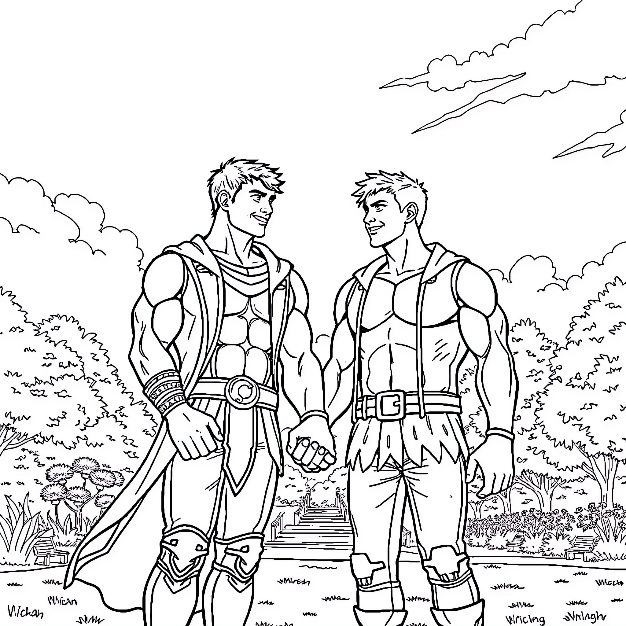 Wiccan warriors pose amidst the natural landscape Coloring Page (free black-and-white line drawing printable PDF for all, from beginners to advanced learners, including children, teens, adults, and seniors)