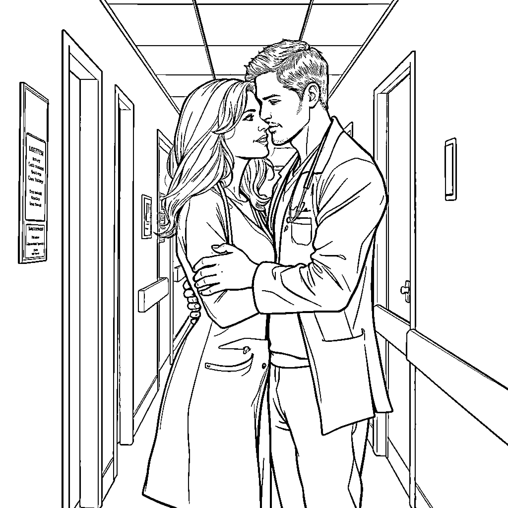 MerDer's Intimate Moment in the Hospital Hallway Coloring Page (free black-and-white line drawing printable PDF for all, from beginners to advanced learners, including children, teens, adults, and seniors)