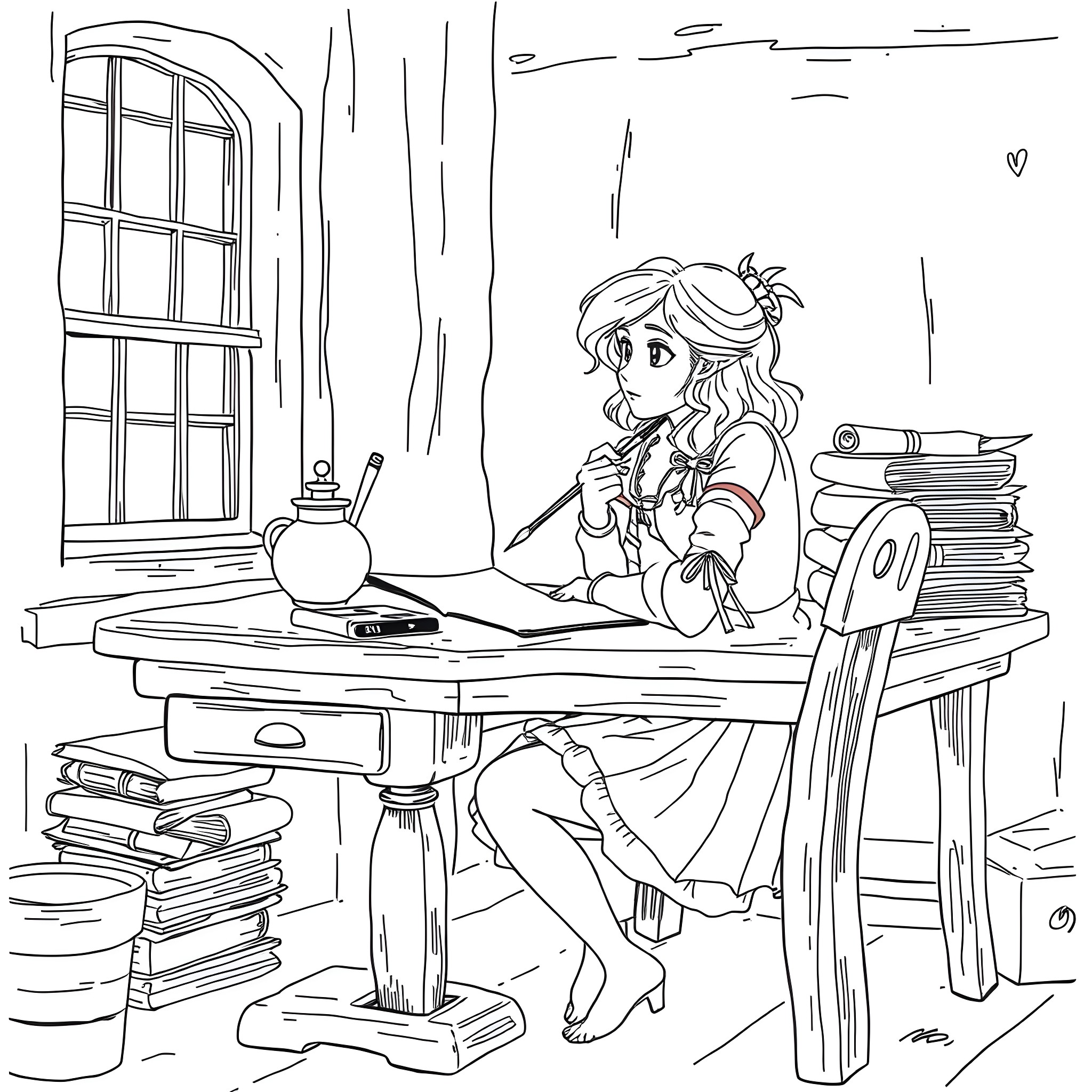 Juniper's Cozy Study Nook Coloring Page (free black-and-white line drawing printable PDF for all, from beginners to advanced learners, including children, teens, adults, and seniors)