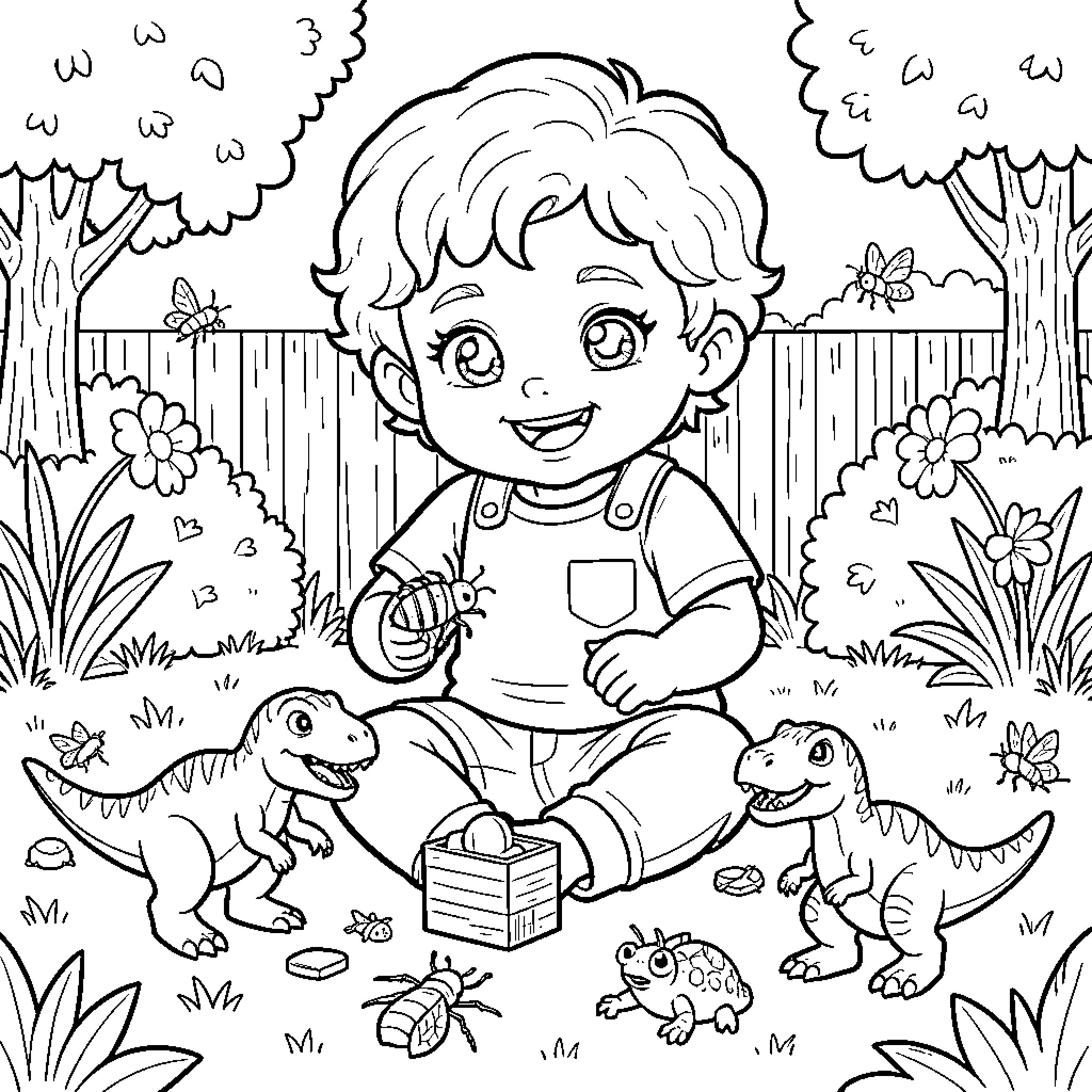 Niño playing happily with dinosaur friends in the garden Coloring Page (free black-and-white line drawing printable PDF for all, from beginners to advanced learners, including children, teens, adults, and seniors)