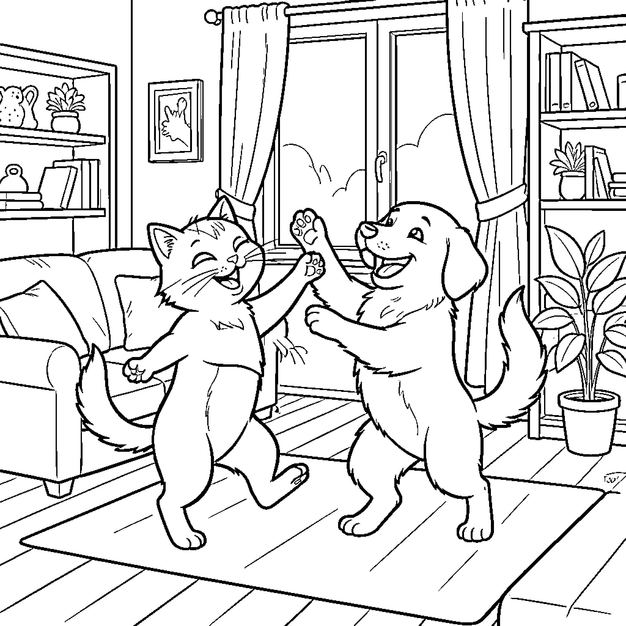 Cat and Dog dancing joyfully in a living room Coloring Page (free black-and-white line drawing printable PDF for all, from beginners to advanced learners, including children, teens, adults, and seniors)