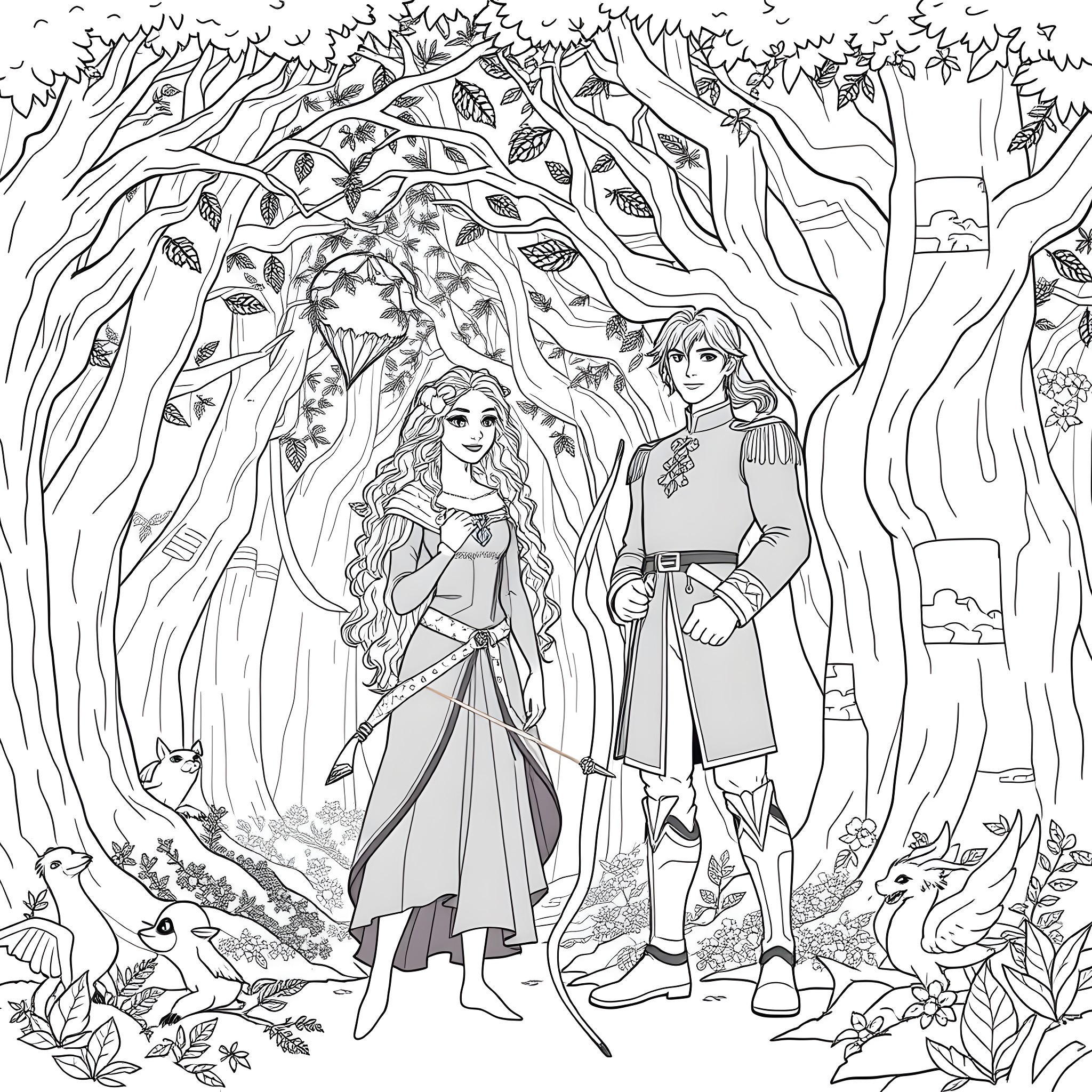 Merida and her companions in the enchanted forest Coloring Page (free black-and-white line drawing printable PDF for all, from beginners to advanced learners, including children, teens, adults, and seniors)