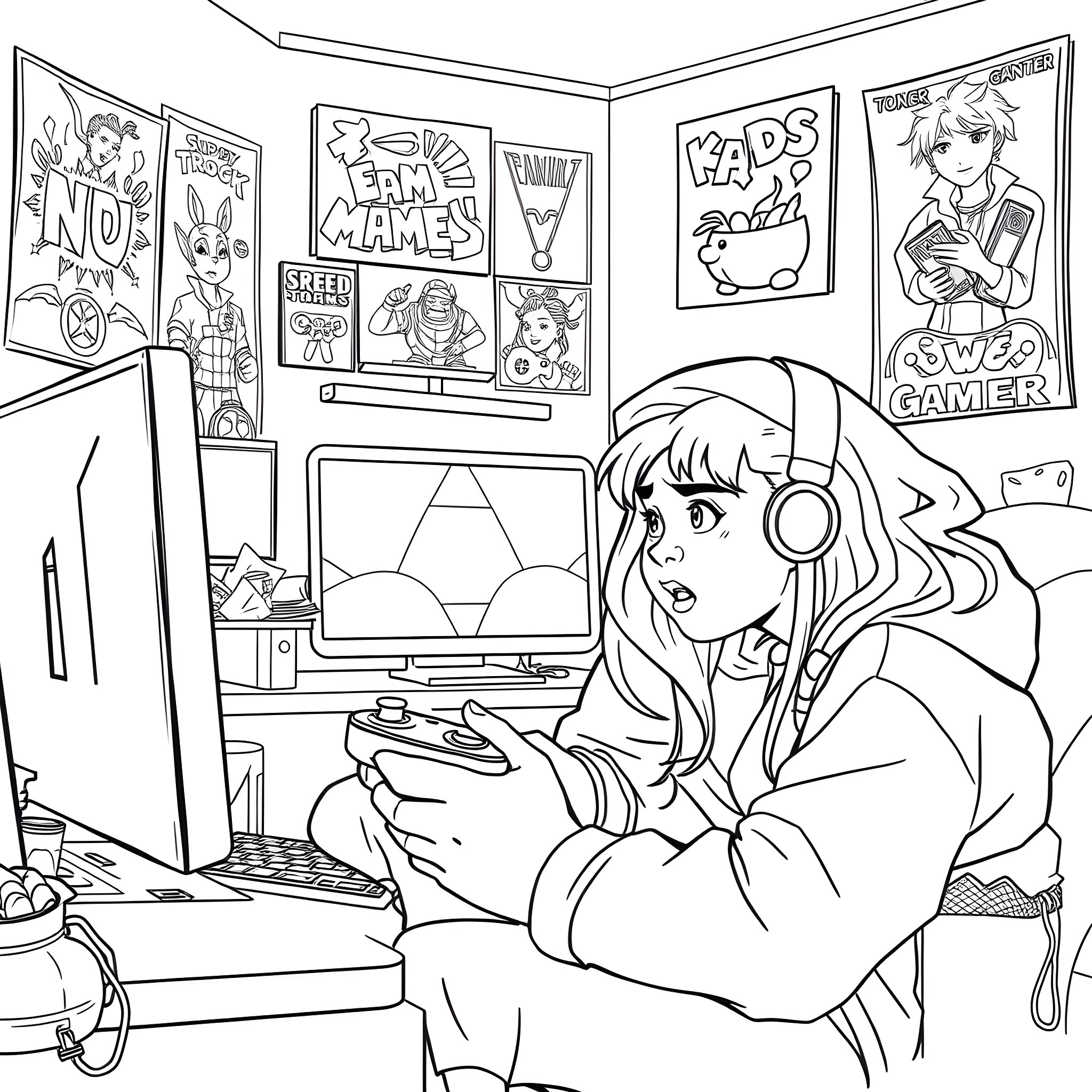 Teen Guy Gaming Enthusiastically in Room Coloring Page (free black-and-white line drawing printable PDF for all, from beginners to advanced learners, including children, teens, adults, and seniors)