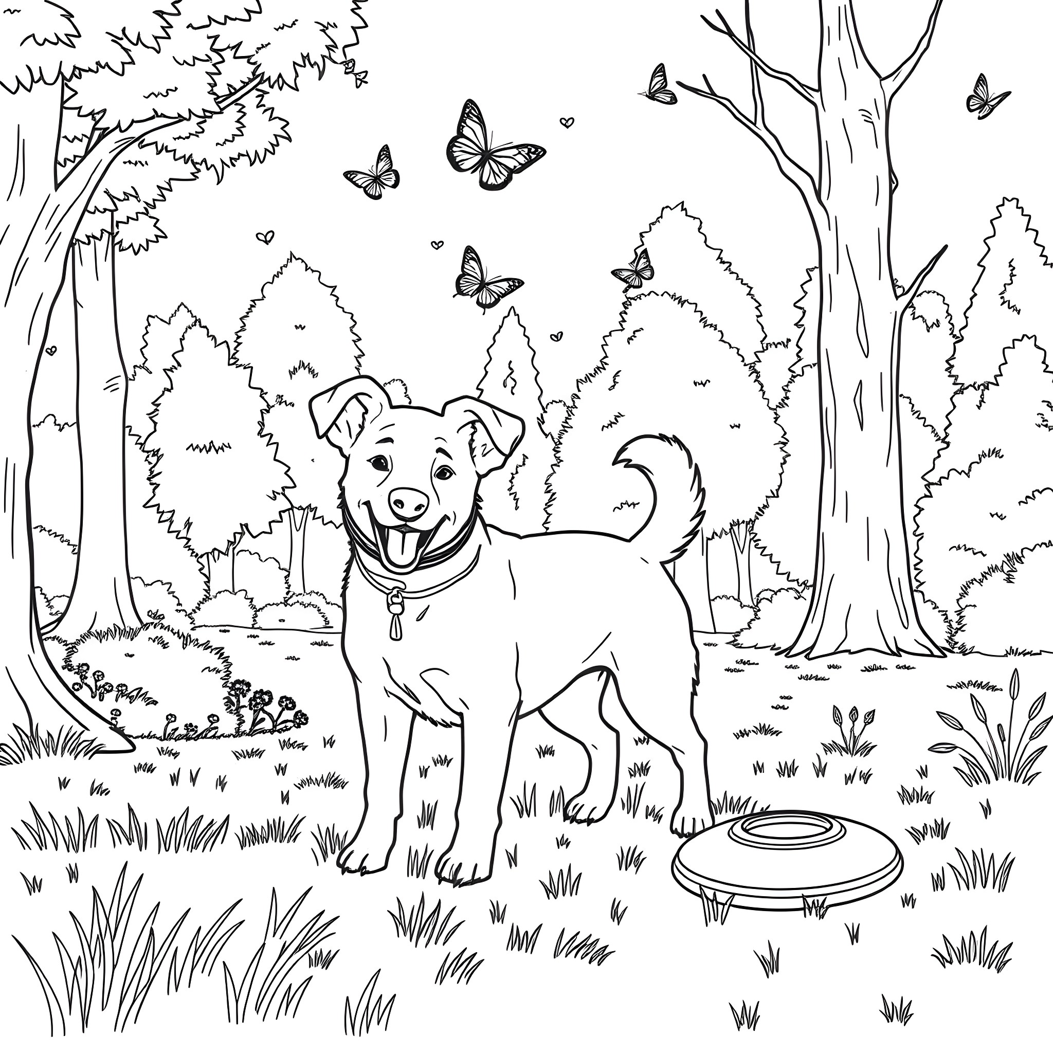 Dog enjoying the outdoors with butterflies Coloring Page (free black-and-white line drawing printable PDF for all, from beginners to advanced learners, including children, teens, adults, and seniors)
