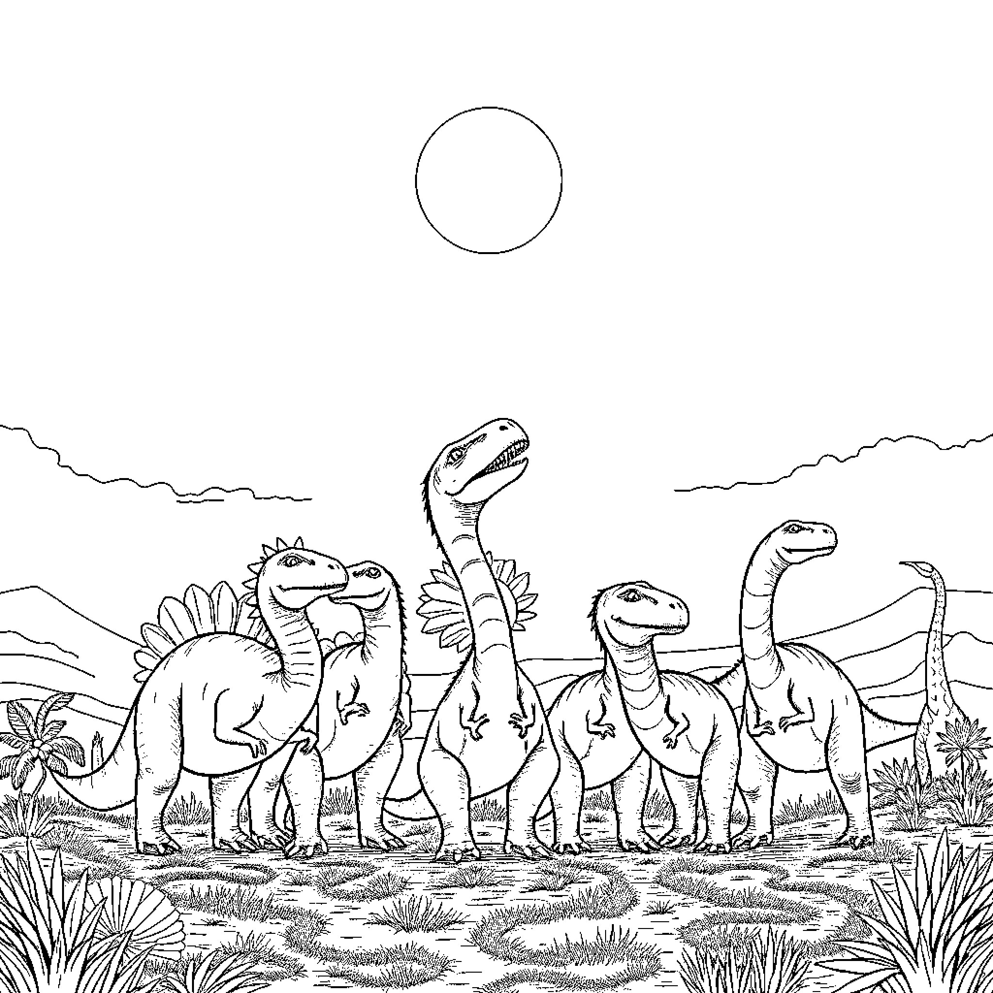 Dinosaurs roaming in prehistoric landscape Coloring Page (free black-and-white line drawing printable PDF for all, from beginners to advanced learners, including children, teens, adults, and seniors)