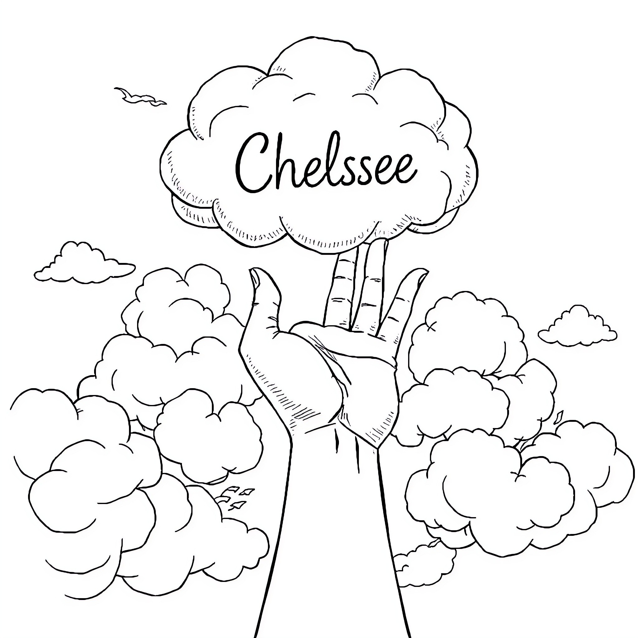 Hand reaching for the sky through the clouds Coloring Page (free black-and-white line drawing printable PDF for all, from beginners to advanced learners, including children, teens, adults, and seniors)