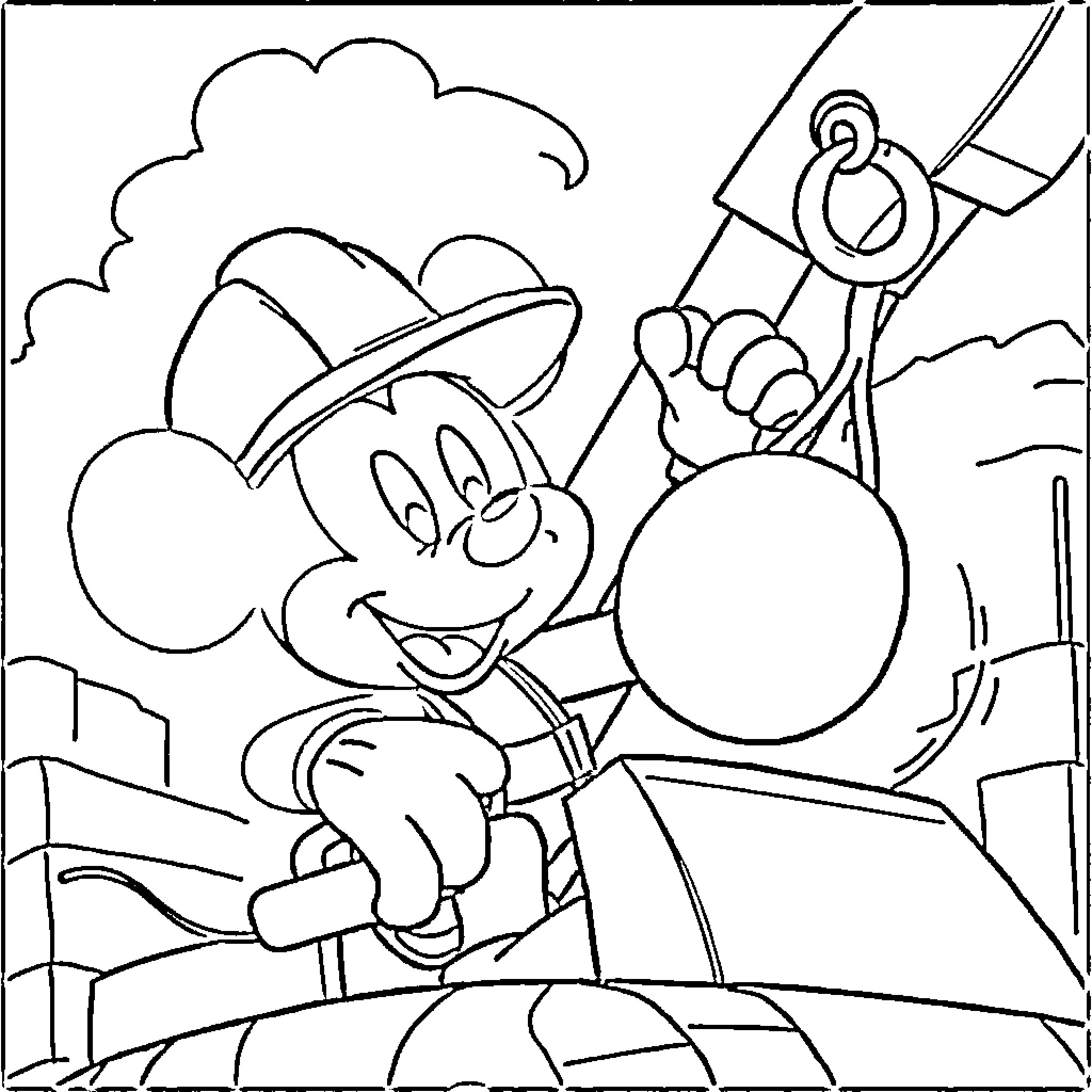 Mickey Mouse working hard on construction site Coloring Page (free black-and-white line drawing printable PDF for all, from beginners to advanced learners, including children, teens, adults, and seniors)