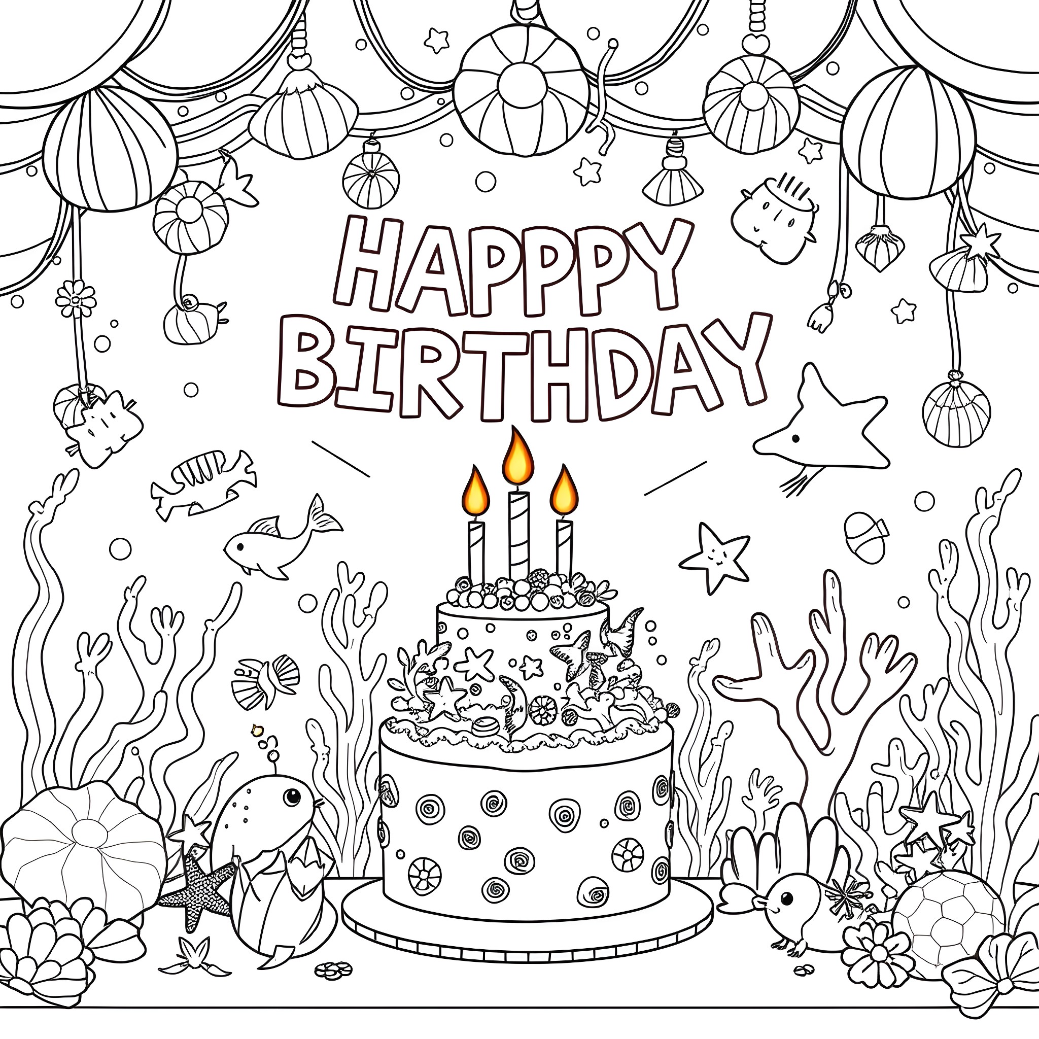 Mermaid celebrates birthday under the sea Coloring Page (free black-and-white line drawing printable PDF for all, from beginners to advanced learners, including children, teens, adults, and seniors)