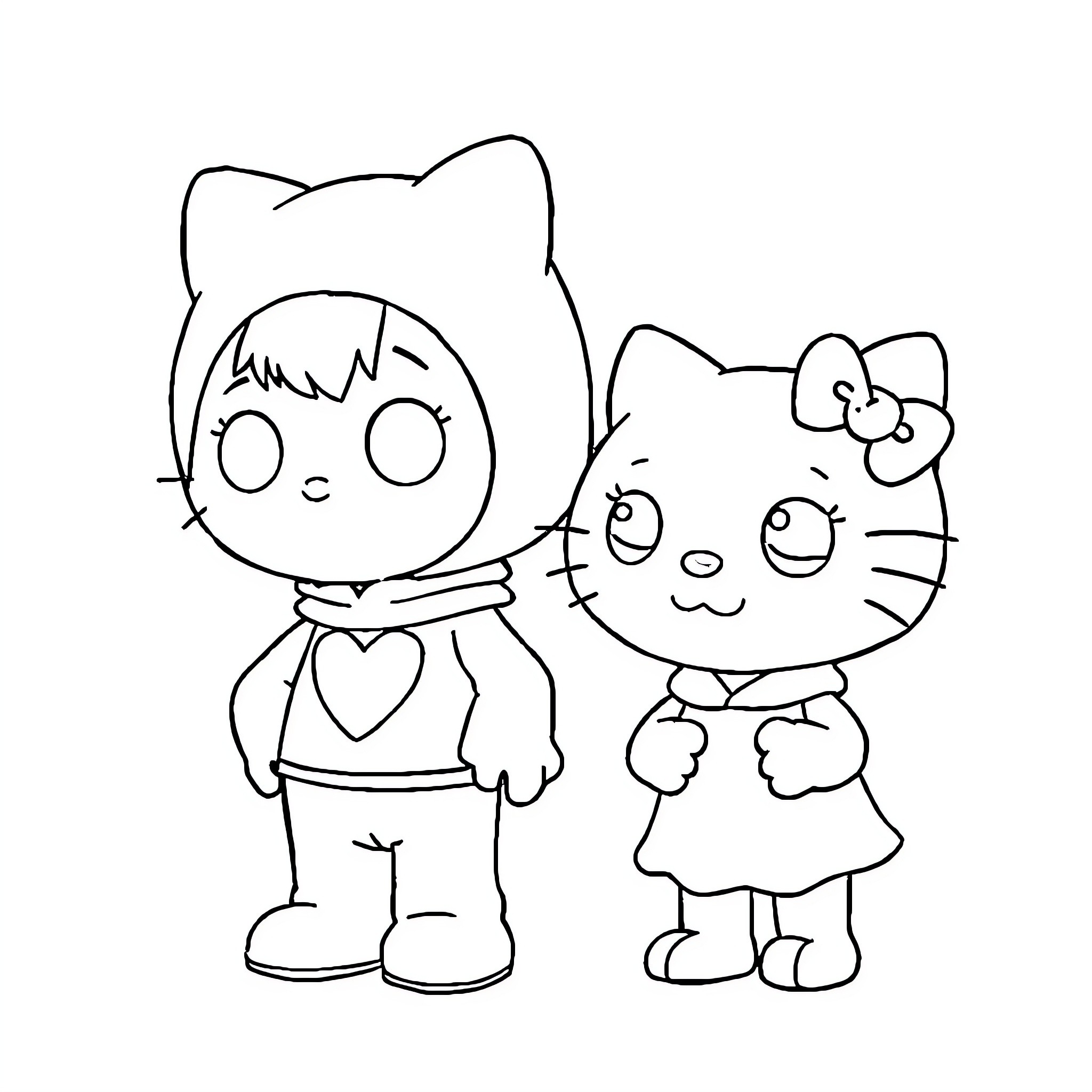 Hello Kitty and friend playing together Coloring Page (free black-and-white line drawing printable PDF for all, from beginners to advanced learners, including children, teens, adults, and seniors)