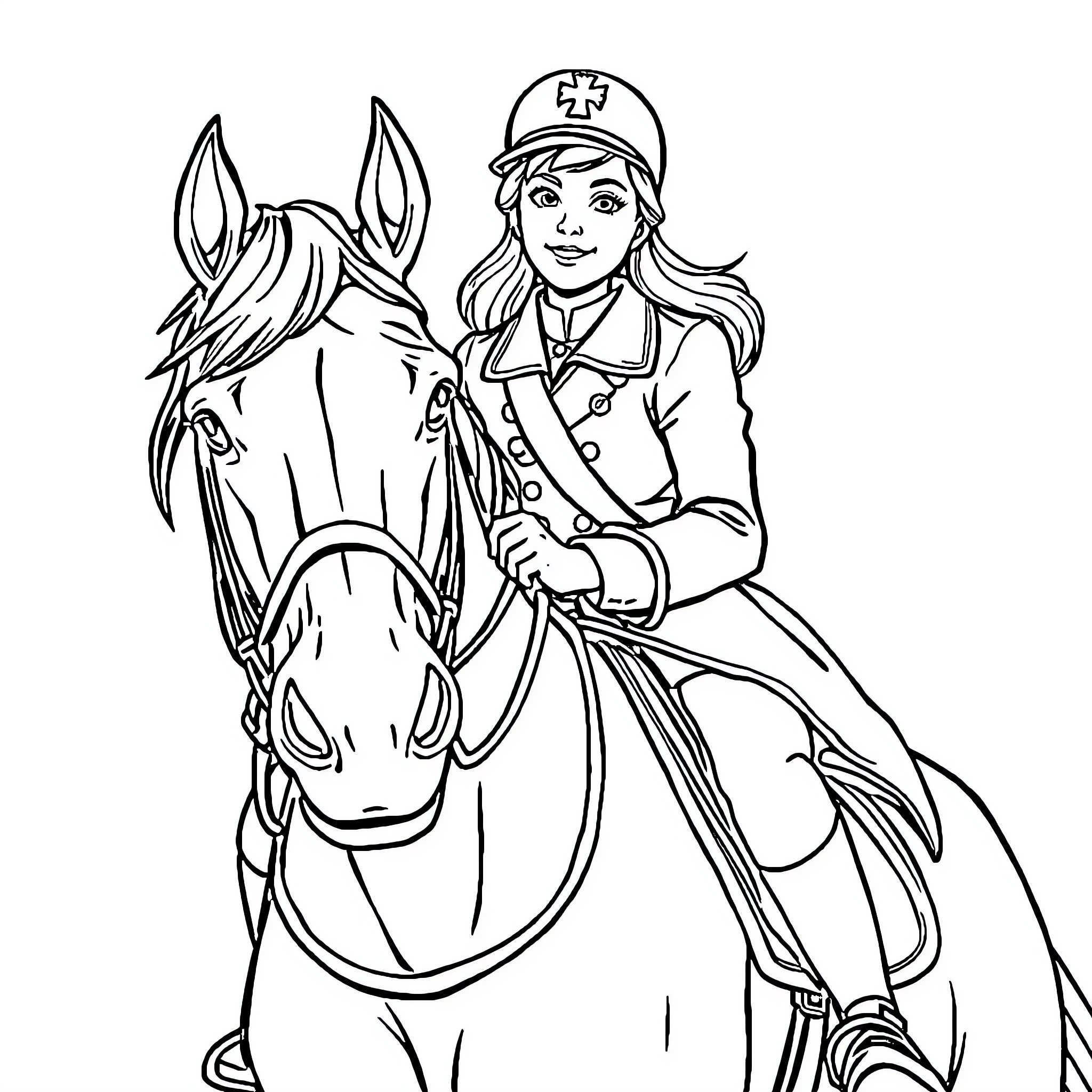 Marion on horseback, ready for adventure Coloring Page (free black-and-white line drawing printable PDF for all, from beginners to advanced learners, including children, teens, adults, and seniors)
