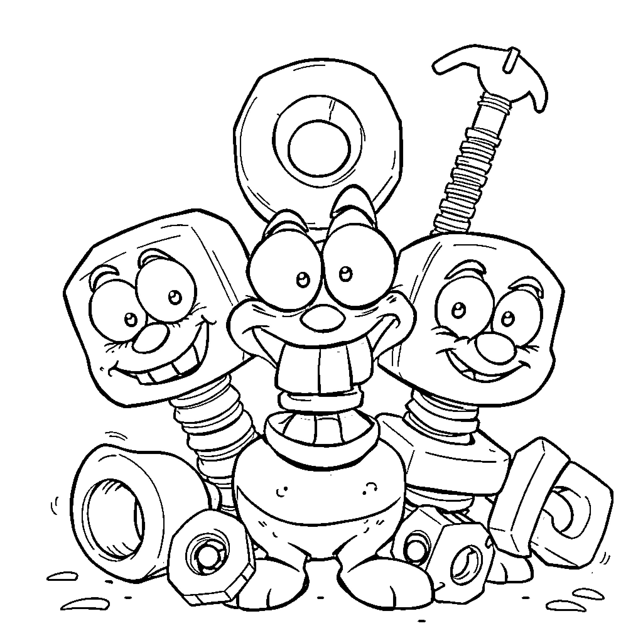 Nut Nuts Grinning Faces with Tools Coloring Page (free black-and-white line drawing printable PDF for all, from beginners to advanced learners, including children, teens, adults, and seniors)