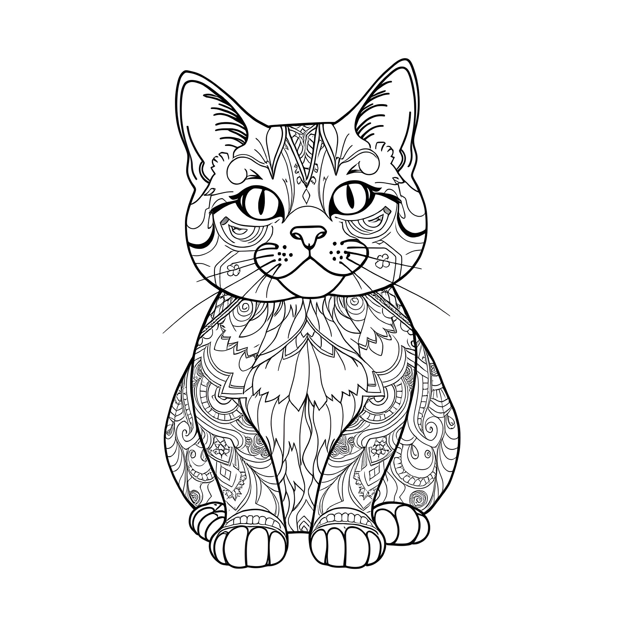 Tabby Cat with Intricate Patterns Coloring Page (free black-and-white line drawing printable PDF for all, from beginners to advanced learners, including children, teens, adults, and seniors)