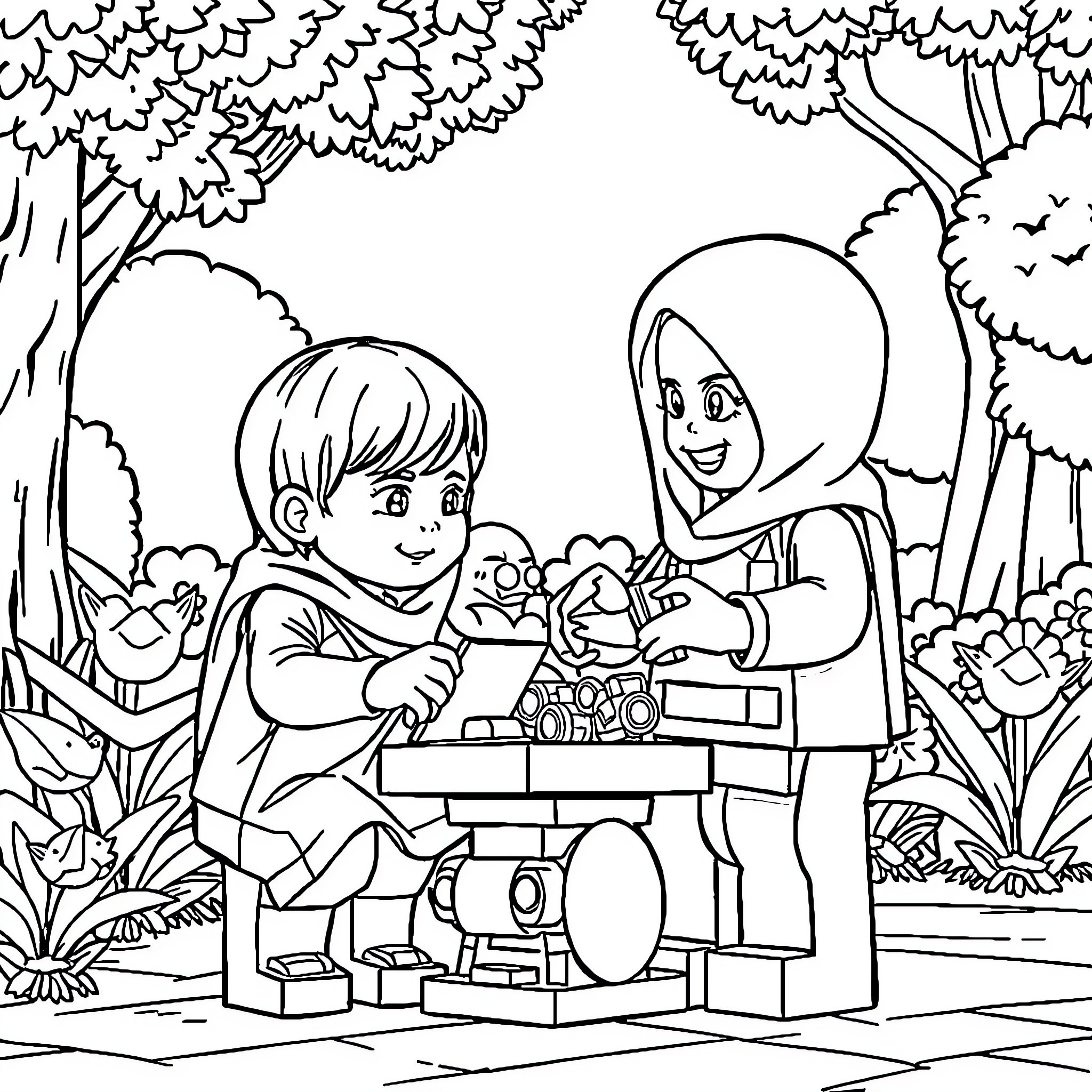 Child playing with toys in forest Coloring Page (free black-and-white line drawing printable PDF for all, from beginners to advanced learners, including children, teens, adults, and seniors)