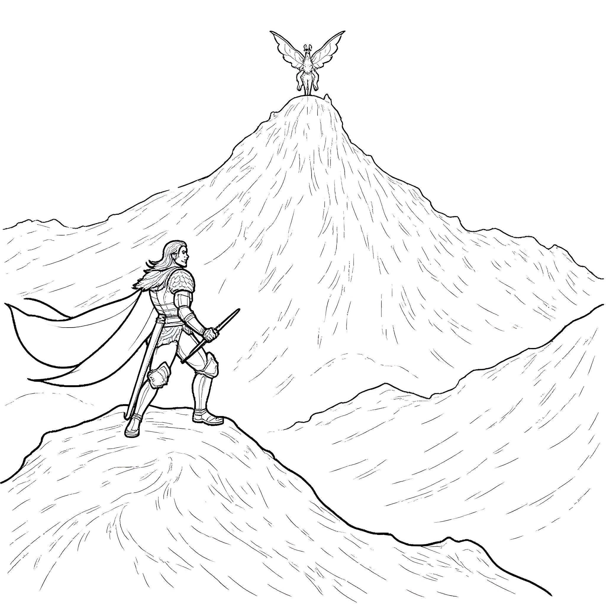Faenor's Heroic Ascent to the Mountaintop Coloring Page (free black-and-white line drawing printable PDF for all, from beginners to advanced learners, including children, teens, adults, and seniors)