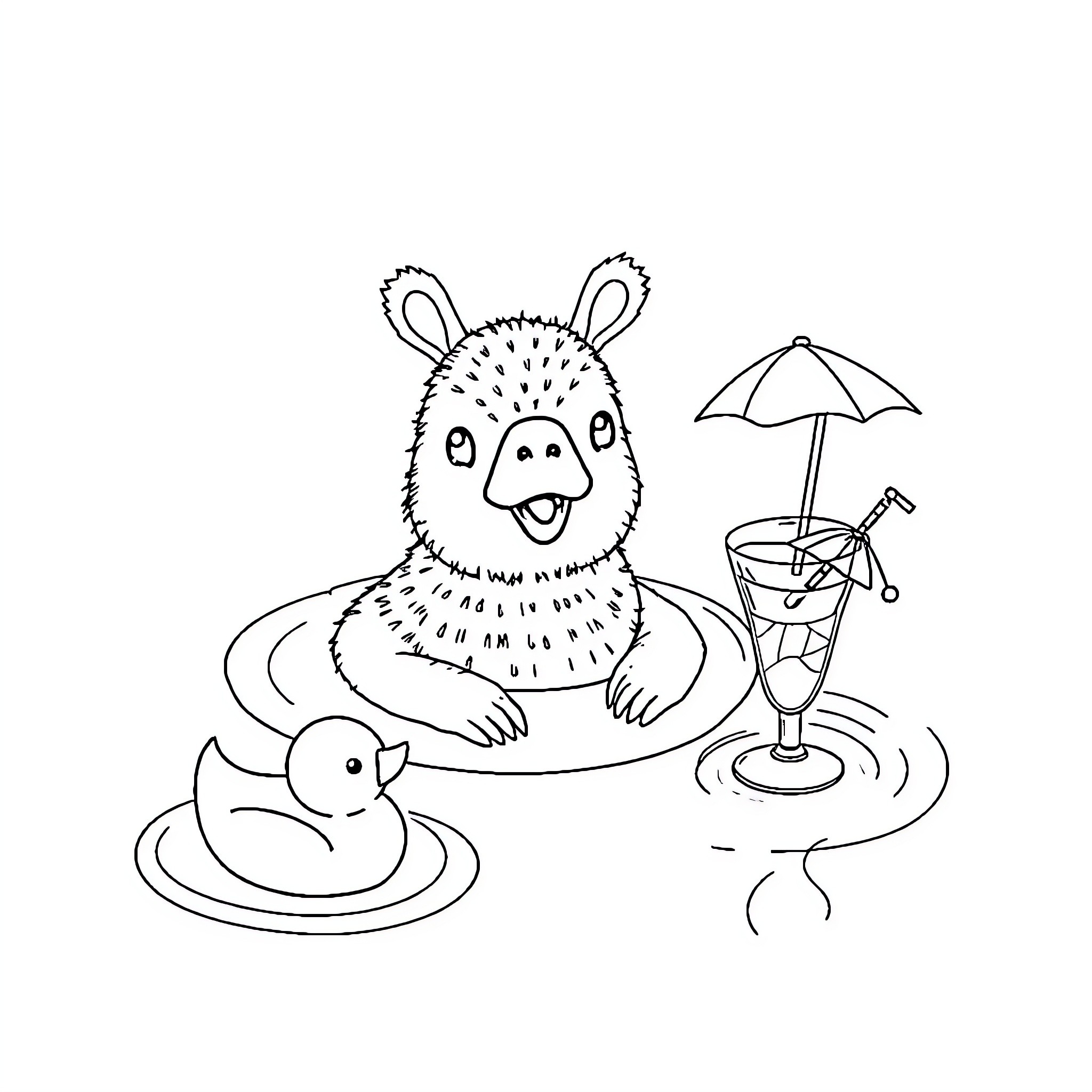 Capybara enjoying a summer day at the pool Coloring Page (free black-and-white line drawing printable PDF for all, from beginners to advanced learners, including children, teens, adults, and seniors)