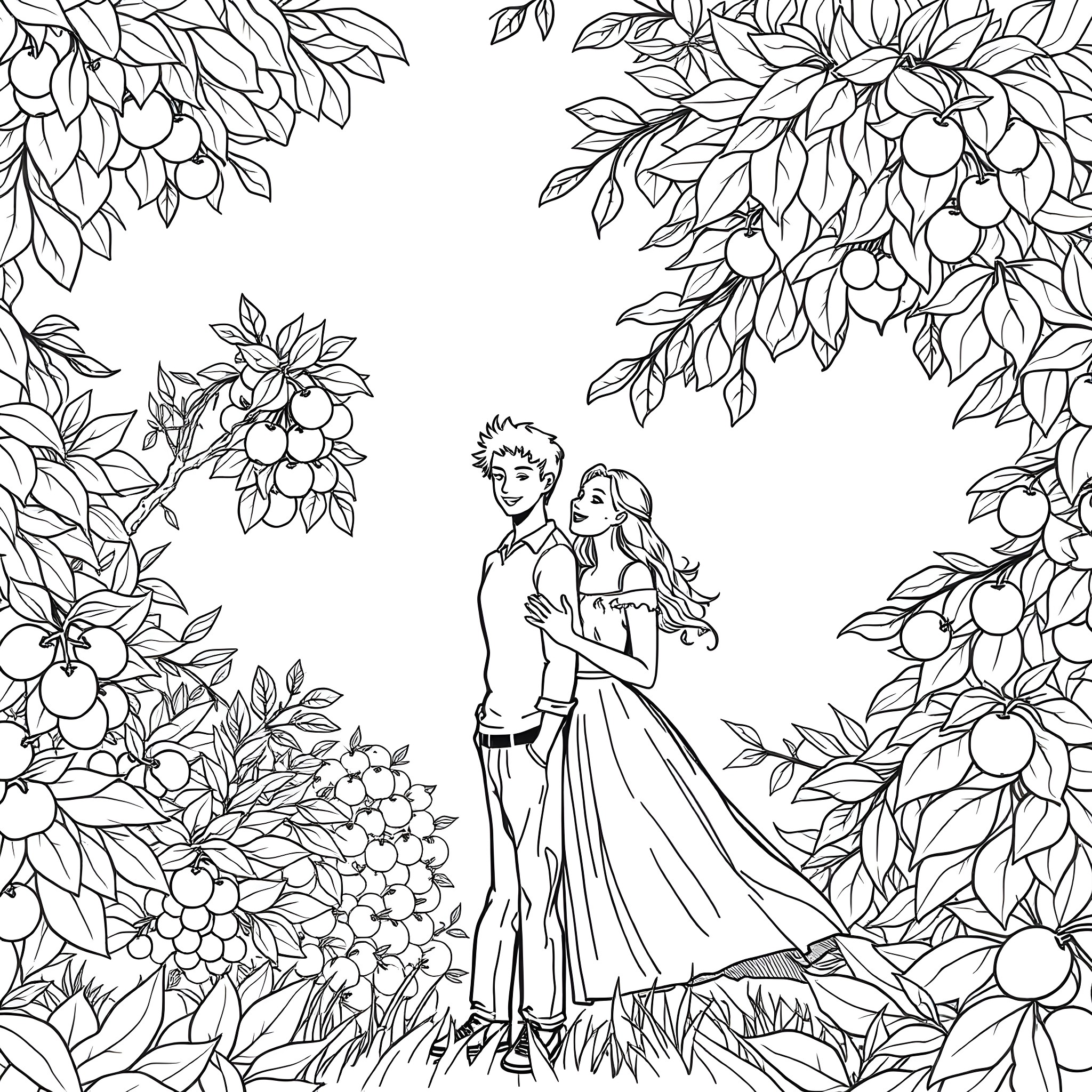Person embracing romantically in a floral garden Coloring Page (free black-and-white line drawing printable PDF for all, from beginners to advanced learners, including children, teens, adults, and seniors)