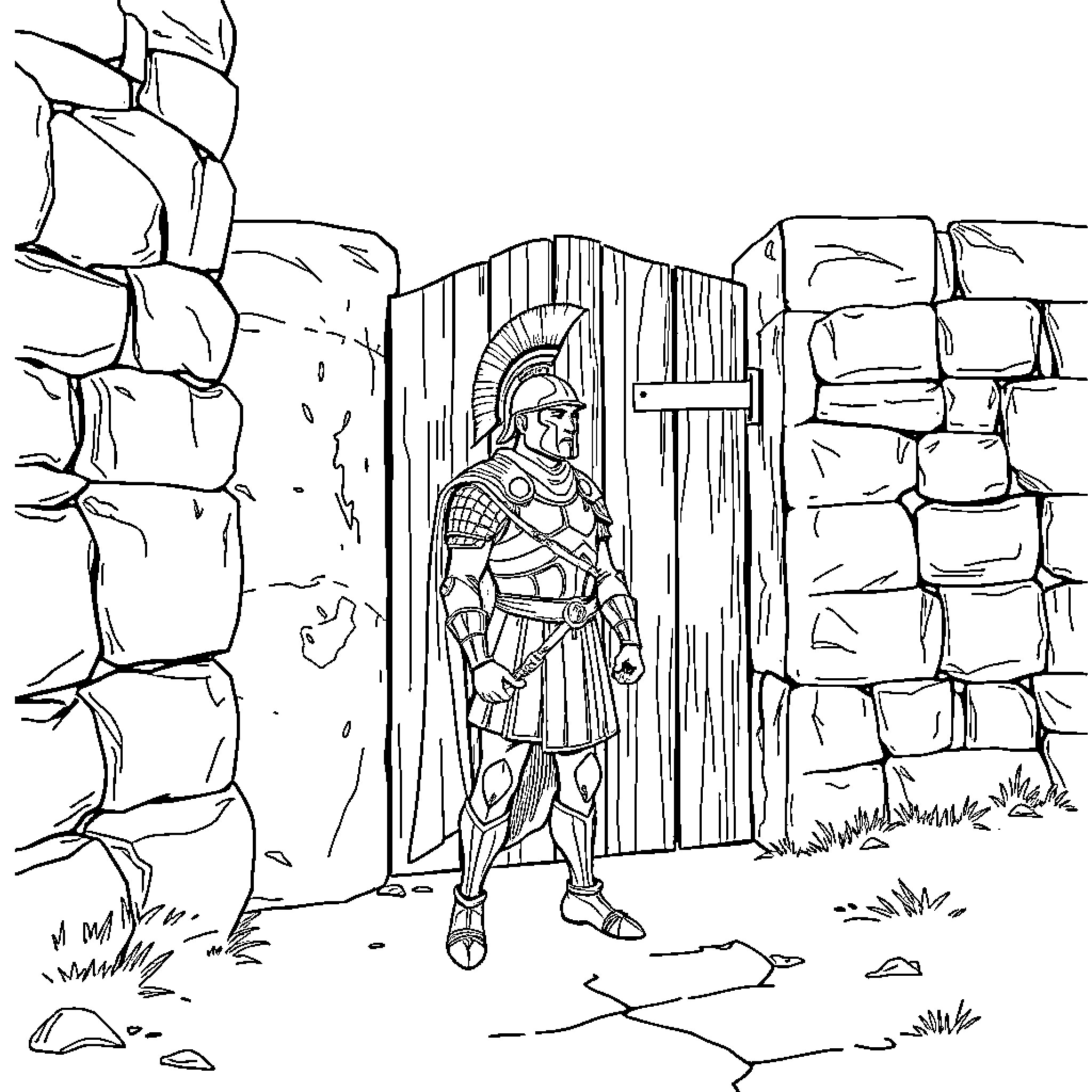 Soldier stands guard at castle gate Coloring Page (free black-and-white line drawing printable PDF for all, from beginners to advanced learners, including children, teens, adults, and seniors)