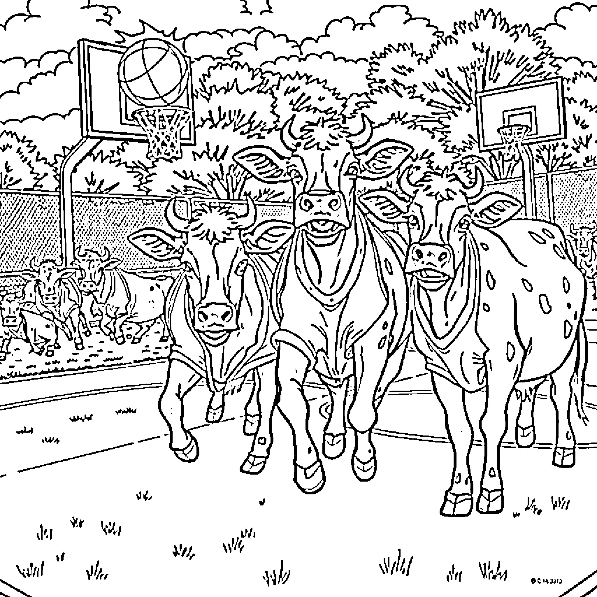 Cow herd playing basketball on the court Coloring Page (free black-and-white line drawing printable PDF for all, from beginners to advanced learners, including children, teens, adults, and seniors)