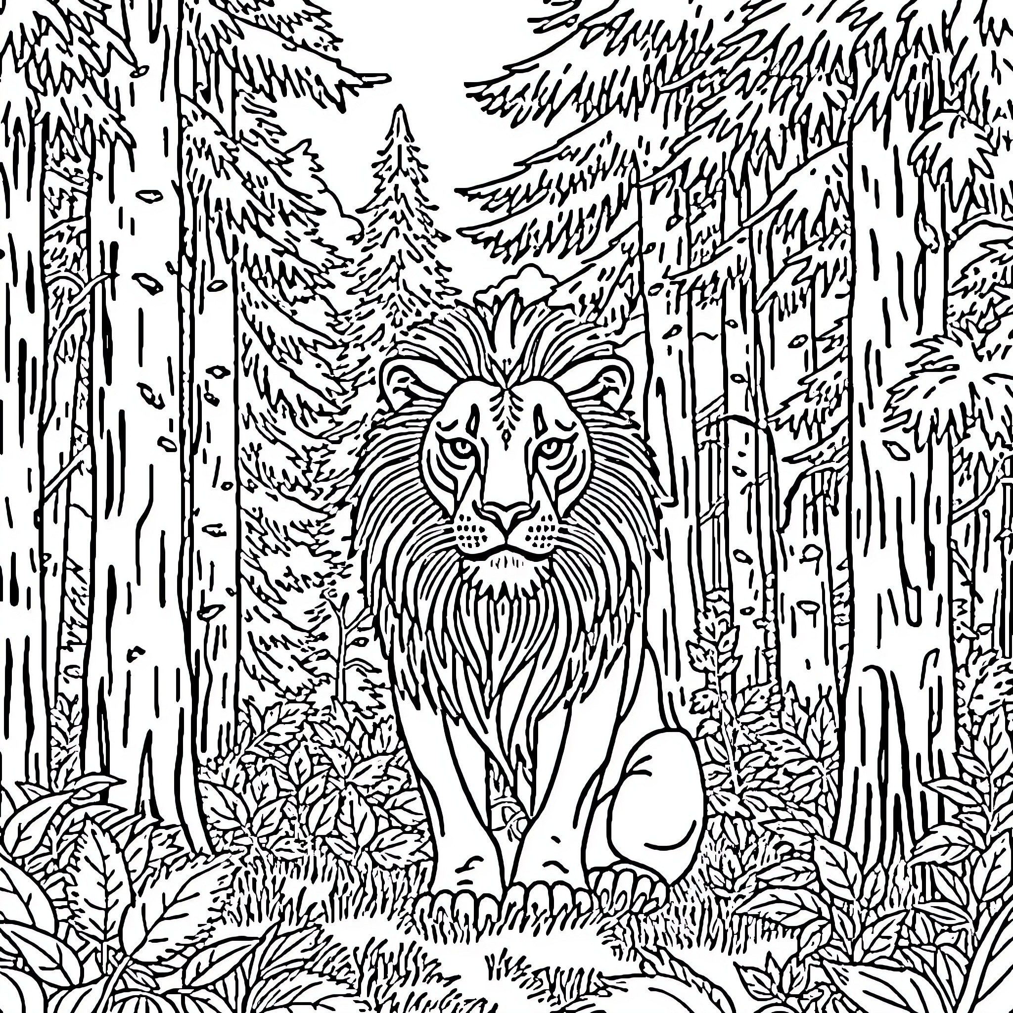 Lion in a Mysterious Forest Landscape Coloring Page (free black-and-white line drawing printable PDF for all, from beginners to advanced learners, including children, teens, adults, and seniors)