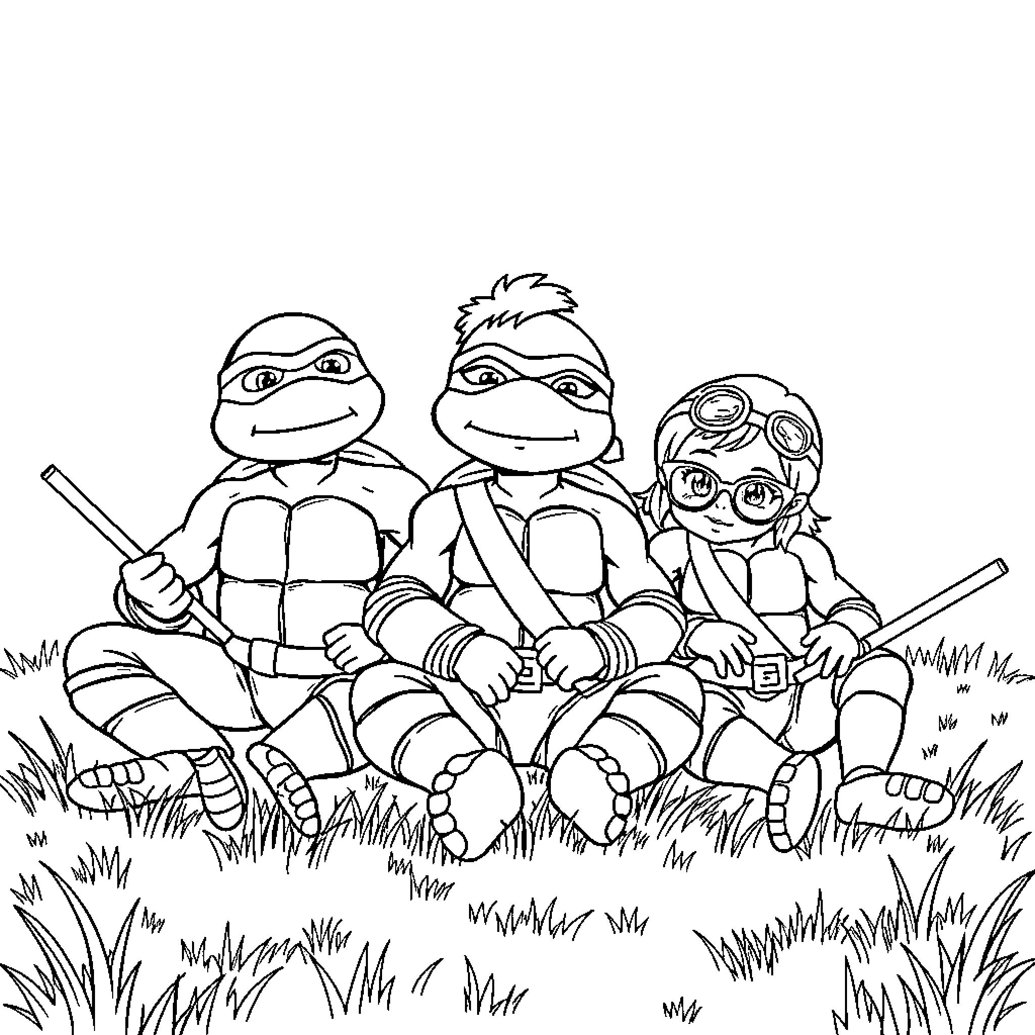Ninja Turtle Trio in Outdoor Adventure Coloring Page (free black-and-white line drawing printable PDF for all, from beginners to advanced learners, including children, teens, adults, and seniors)