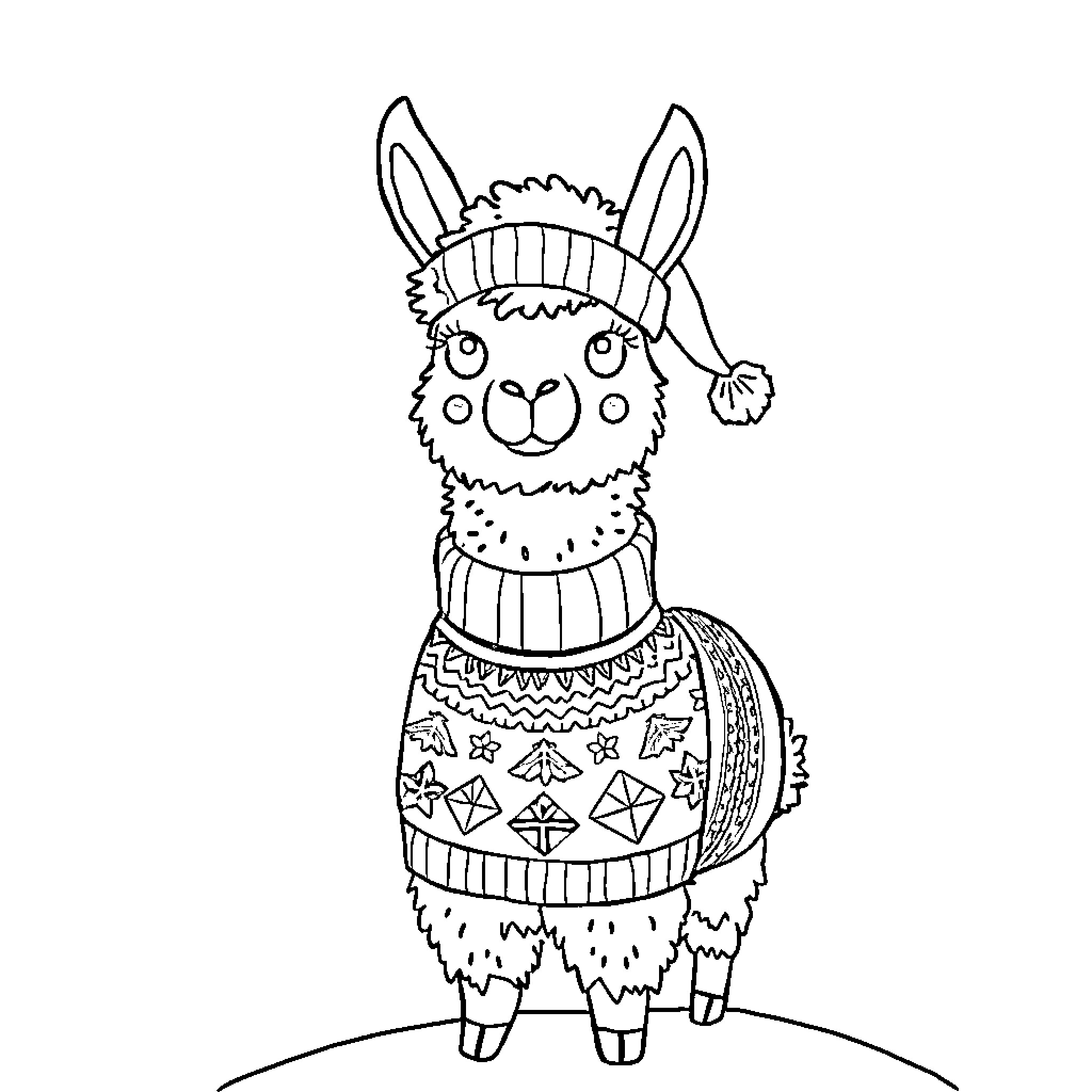Alpaca wearing an ornate and patterned sweater Coloring Page (free black-and-white line drawing printable PDF for all, from beginners to advanced learners, including children, teens, adults, and seniors)