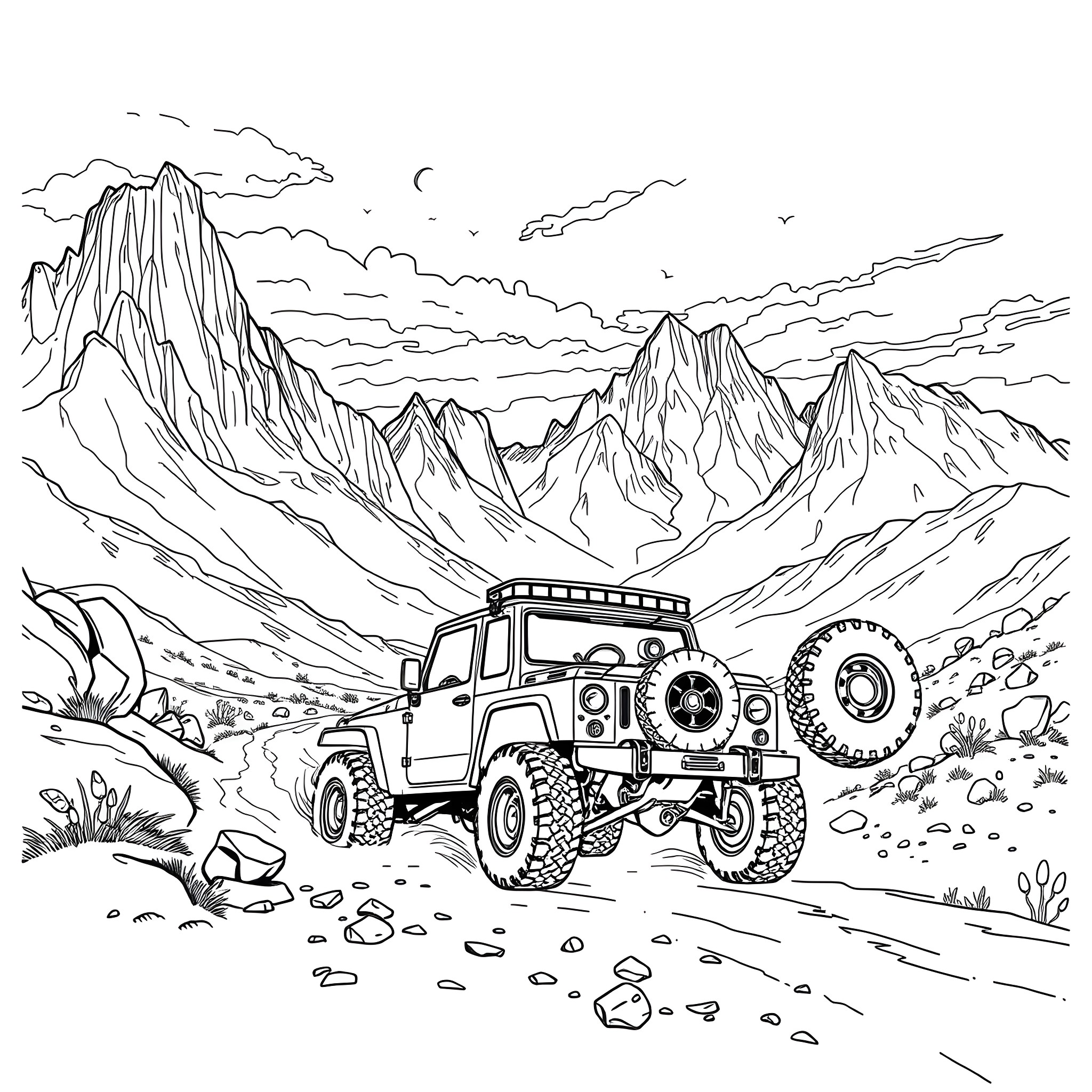 Off-road vehicle traversing through rugged mountain landscape Coloring Page (free black-and-white line drawing printable PDF for all, from beginners to advanced learners, including children, teens, adults, and seniors)