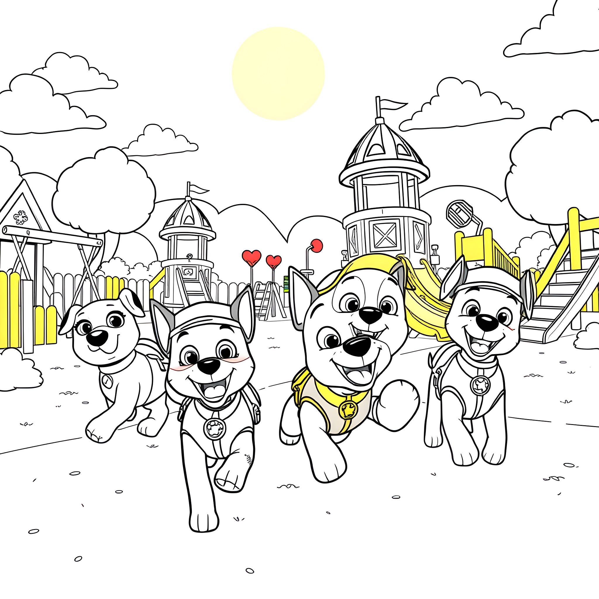 Dogs playing in a cartoon town Coloring Page (free black-and-white line drawing printable PDF for all, from beginners to advanced learners, including children, teens, adults, and seniors)
