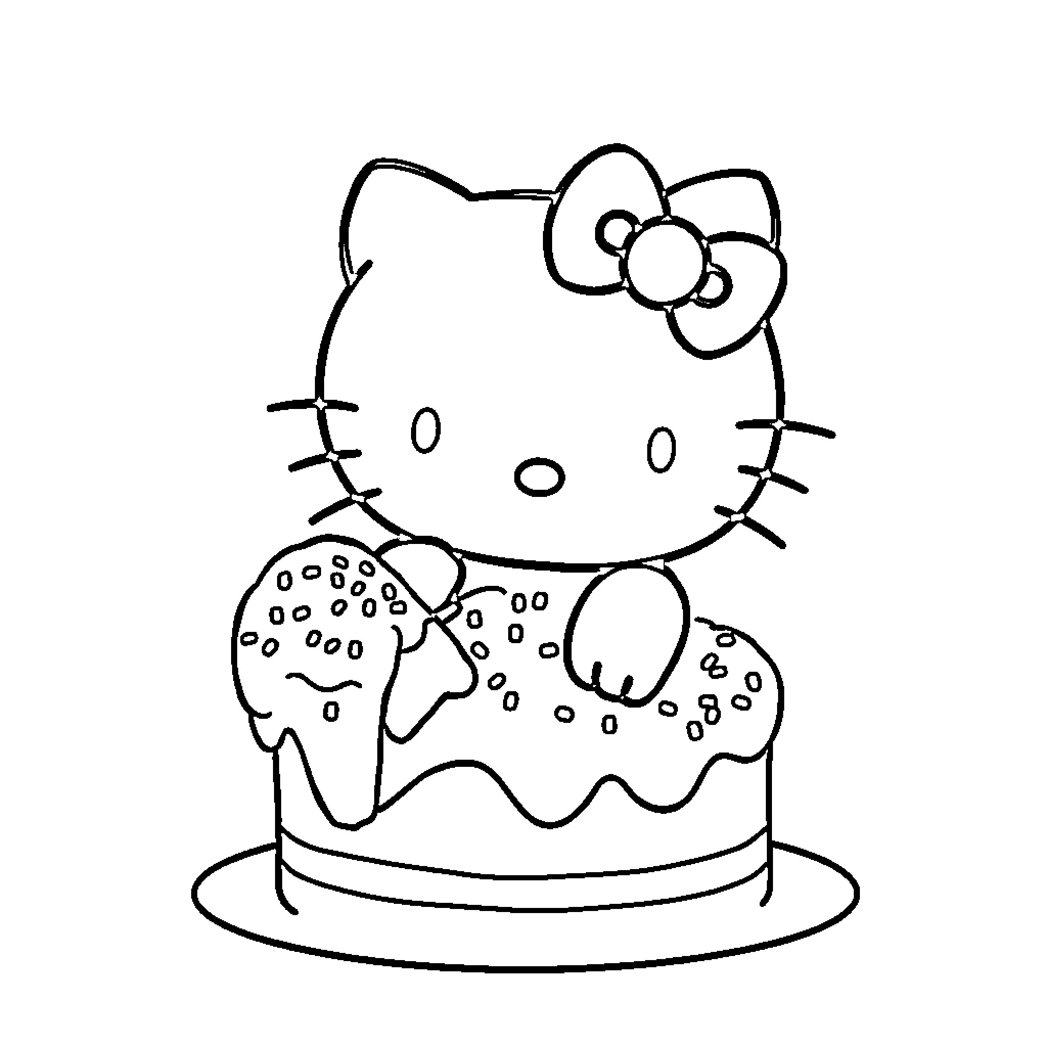 Hello Kitty enjoying a birthday cake Coloring Page (free black-and-white line drawing printable PDF for all, from beginners to advanced learners, including children, teens, adults, and seniors)