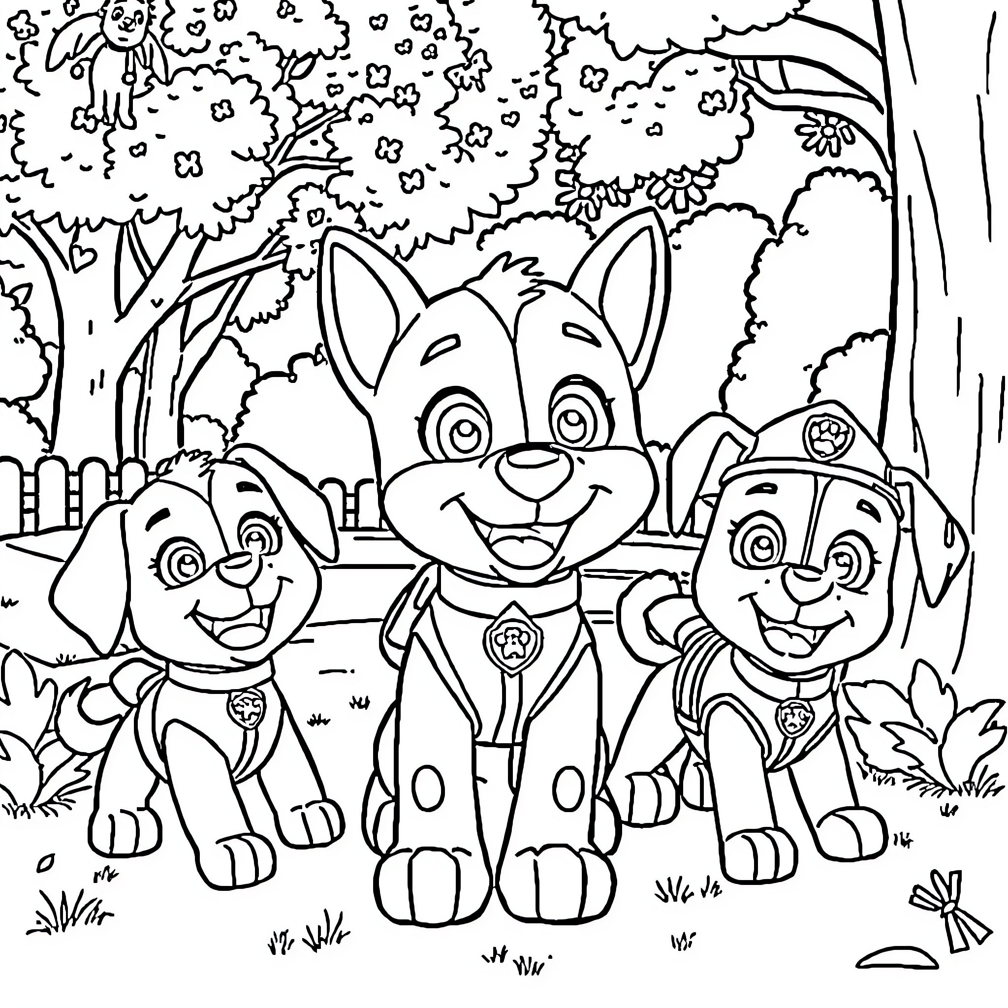 Bluey and Paw Patrol Pups Exploring the Outdoors Coloring Page (free black-and-white line drawing printable PDF for all, from beginners to advanced learners, including children, teens, adults, and seniors)