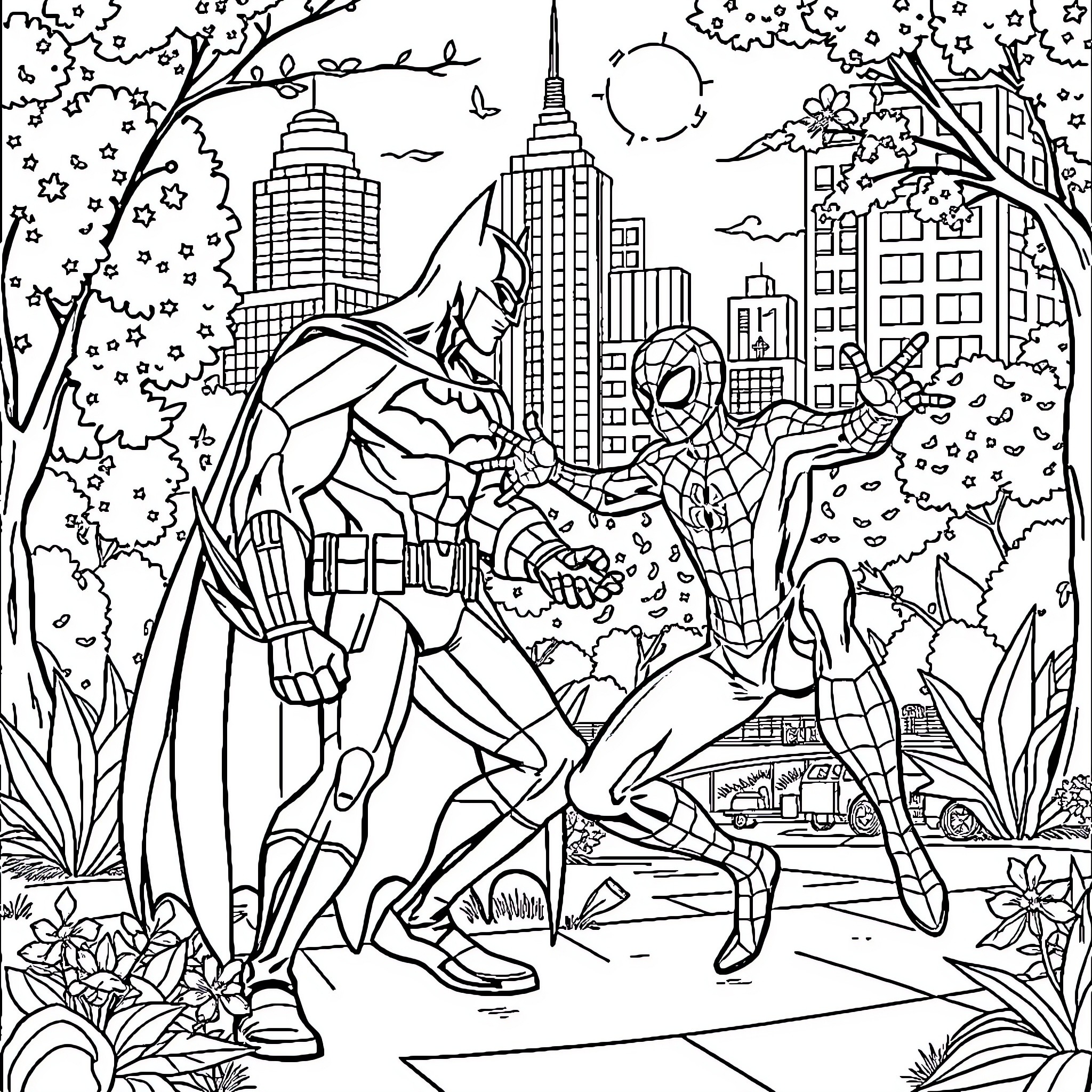 Batman and Spider-Man Fight Crime in the City Coloring Page (free black-and-white line drawing printable PDF for all, from beginners to advanced learners, including children, teens, adults, and seniors)