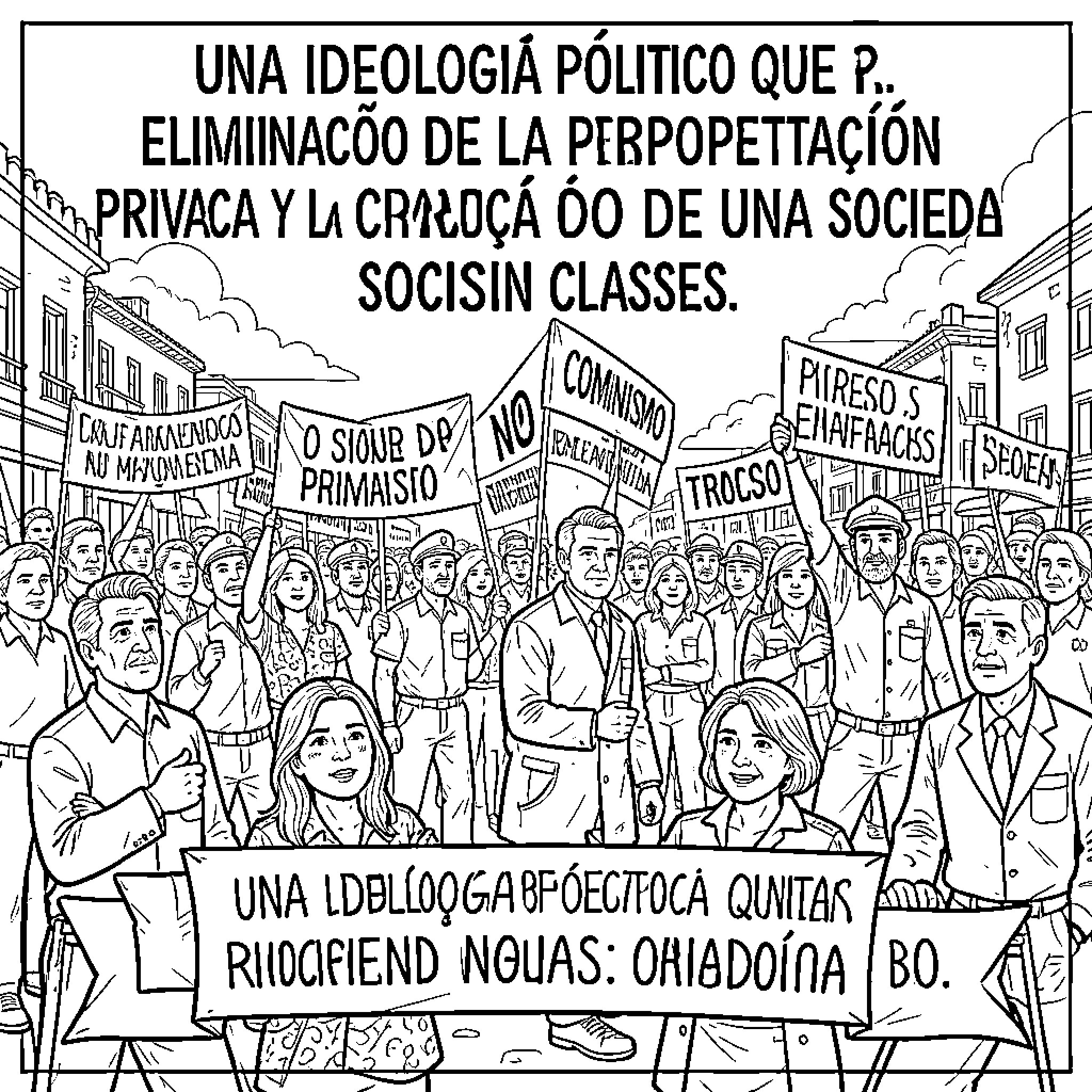 Communism themed crowd holding protest signs and banners Coloring Page (free black-and-white line drawing printable PDF for all, from beginners to advanced learners, including children, teens, adults, and seniors)