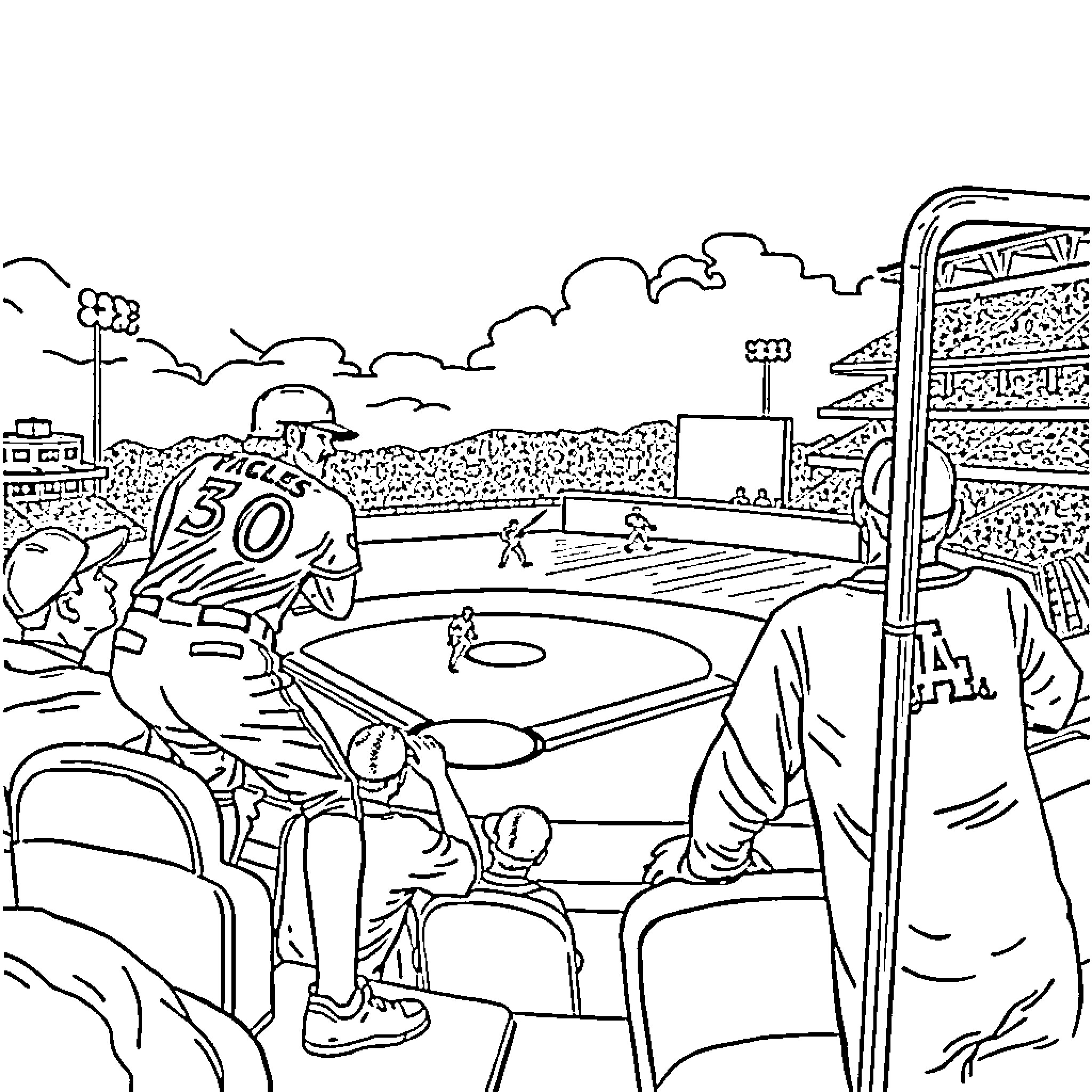 Bluejay's Ballpark Adventure Coloring Page (free black-and-white line drawing printable PDF for all, from beginners to advanced learners, including children, teens, adults, and seniors)