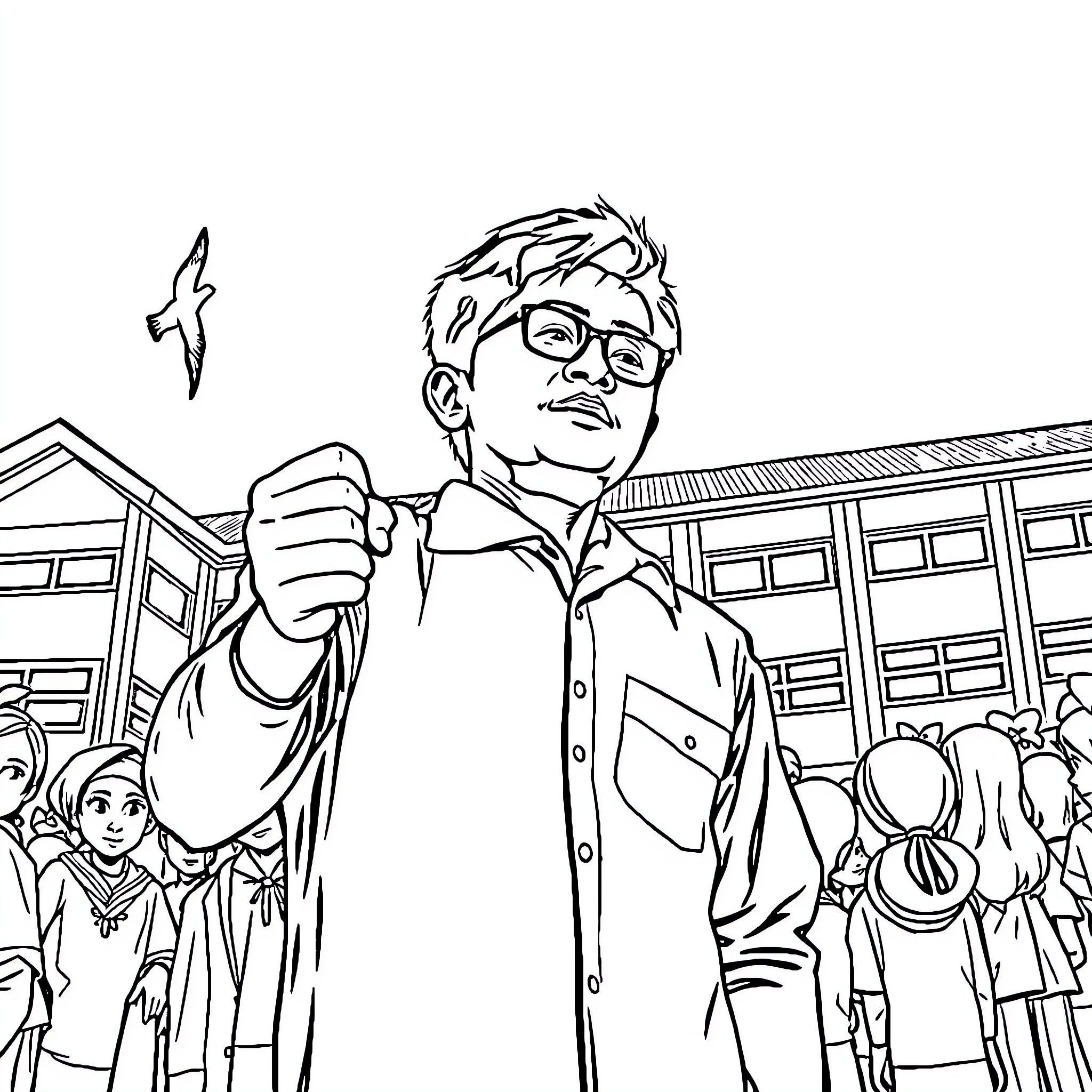 Bendera: Peaceful Protest in a Crowd Coloring Page (free black-and-white line drawing printable PDF for all, from beginners to advanced learners, including children, teens, adults, and seniors)