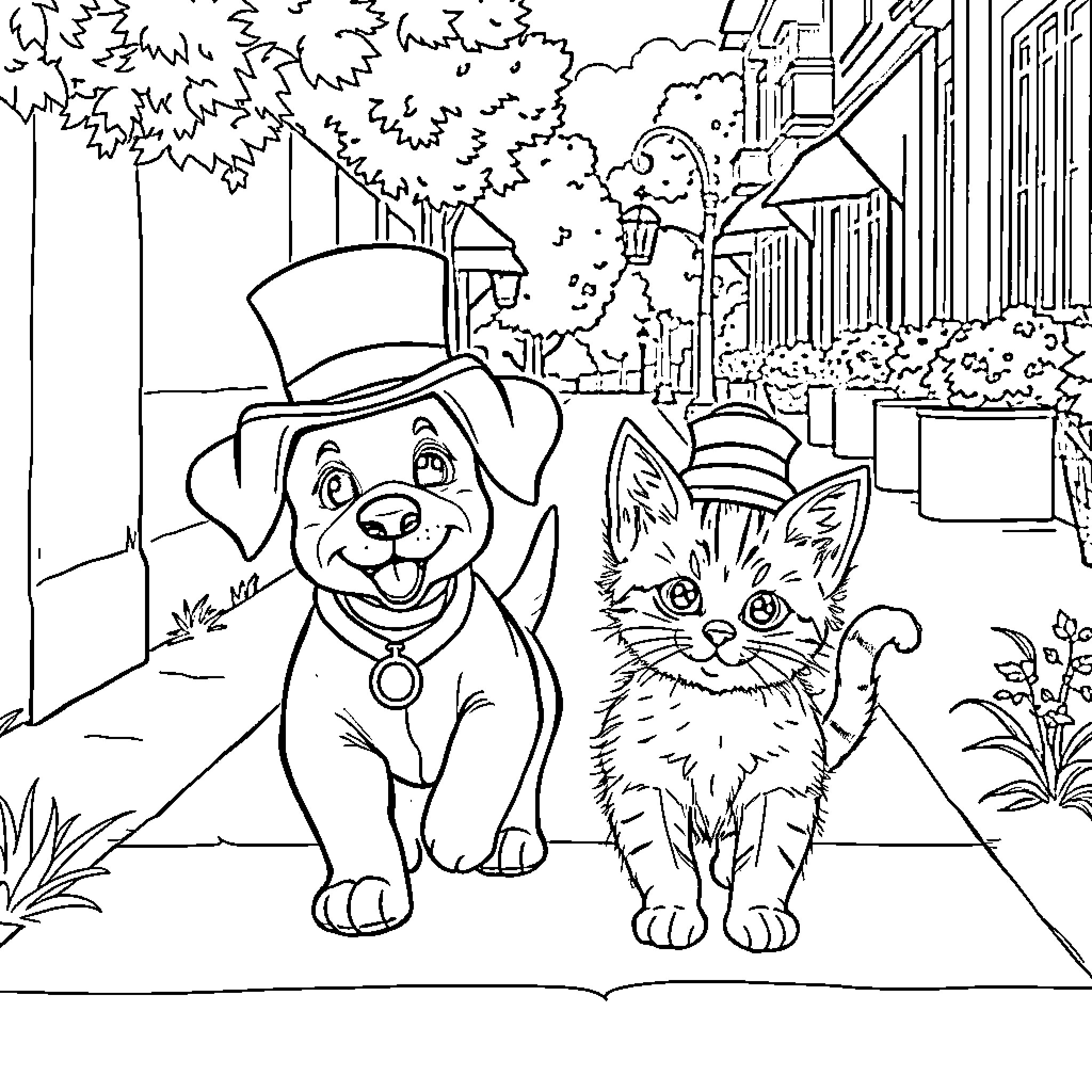 Puppy and Kitten Exploring the Neighborhood Coloring Page (free black-and-white line drawing printable PDF for all, from beginners to advanced learners, including children, teens, adults, and seniors)