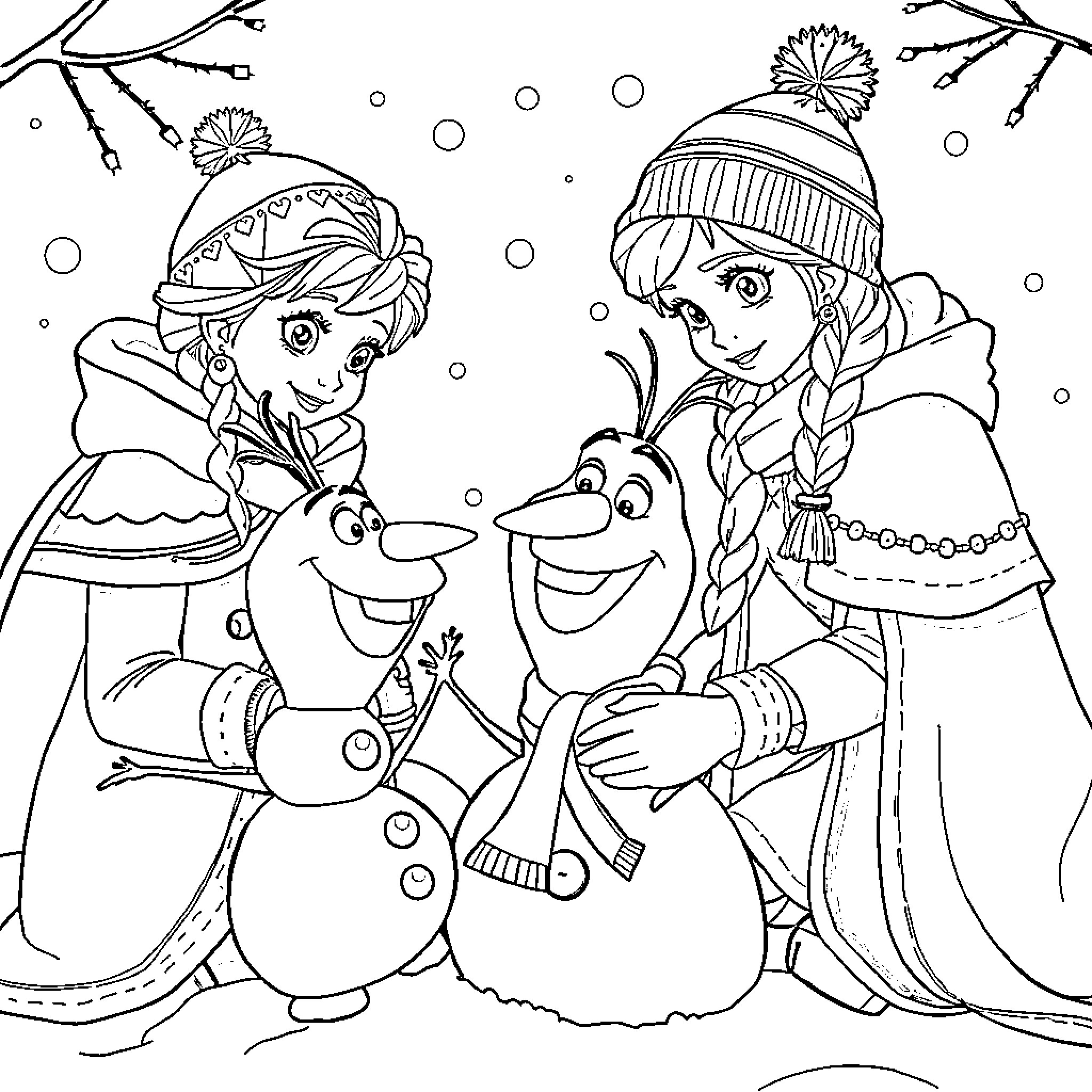 Elsa and Anna playing joyfully with Olaf in the snow Coloring Page (free black-and-white line drawing printable PDF for all, from beginners to advanced learners, including children, teens, adults, and seniors)