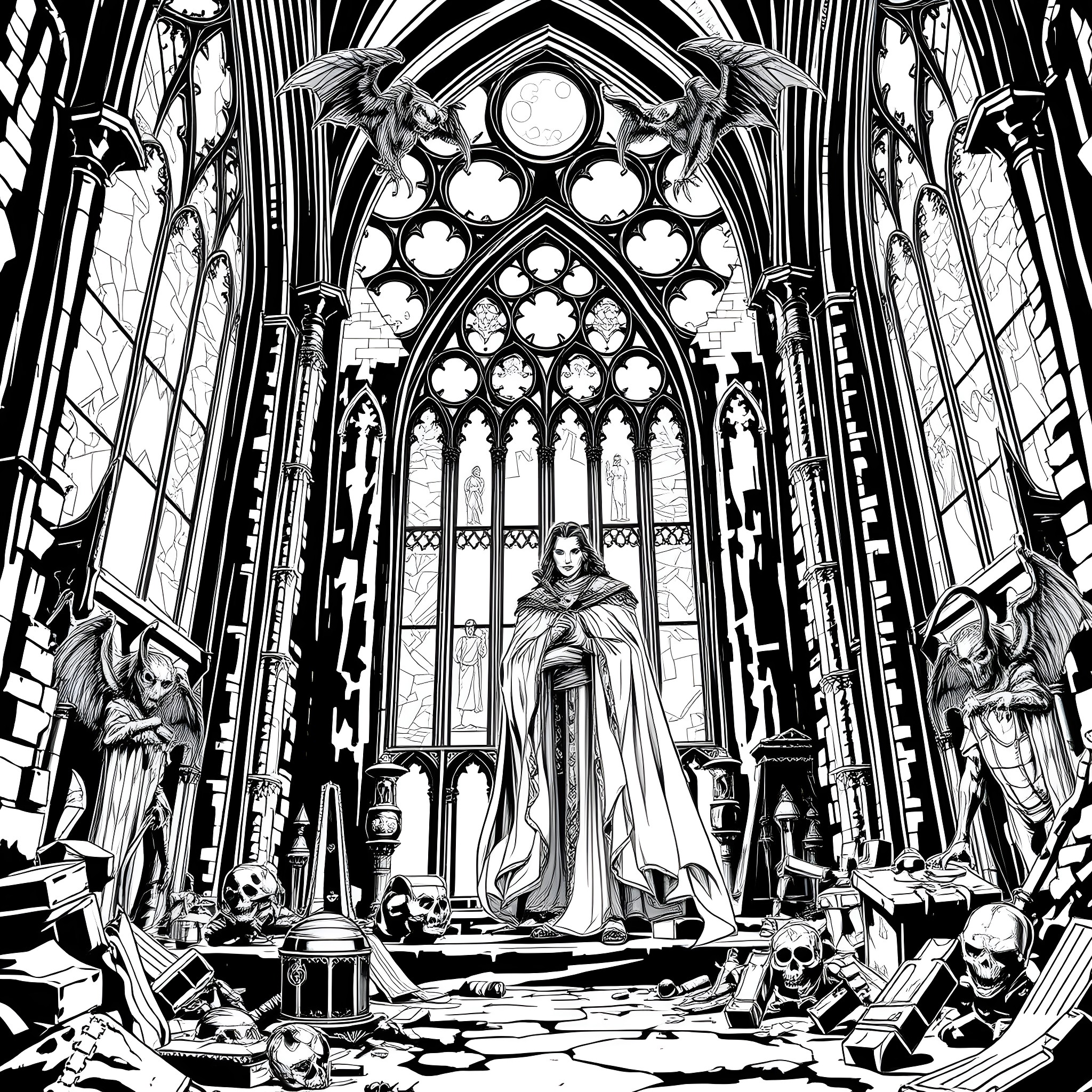 Vampire goddess reigning in gothic cathedral Coloring Page (free black-and-white line drawing printable PDF for all, from beginners to advanced learners, including children, teens, adults, and seniors)