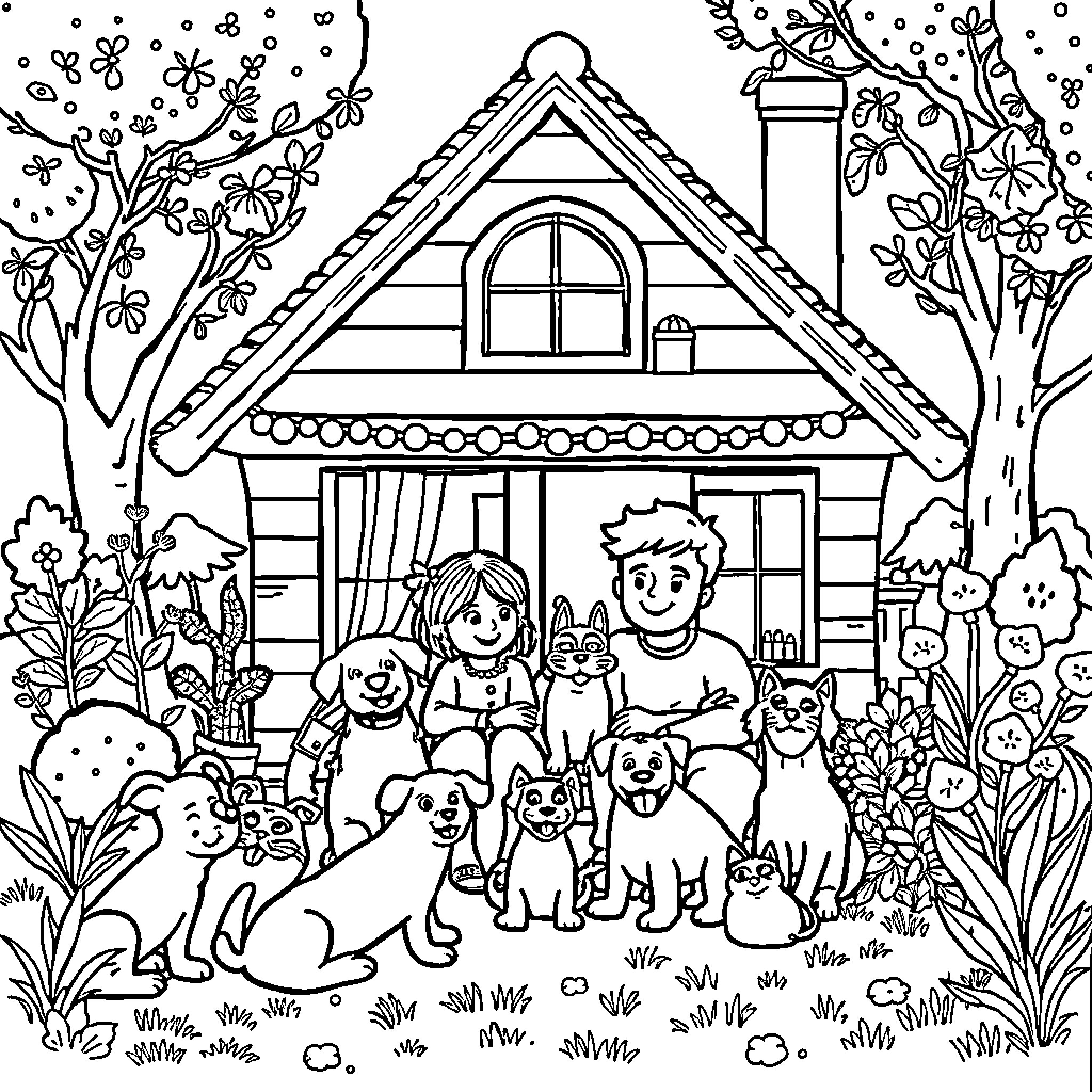 House with children and pets in the garden Coloring Page (free black-and-white line drawing printable PDF for all, from beginners to advanced learners, including children, teens, adults, and seniors)